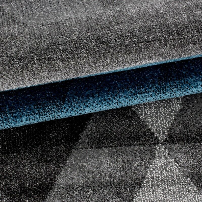 Tapis de salon à poils ras design motif triangle turquoise gris chiné