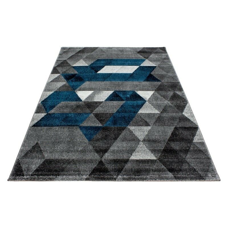 Tapis de salon à poils ras design motif triangle turquoise gris chiné