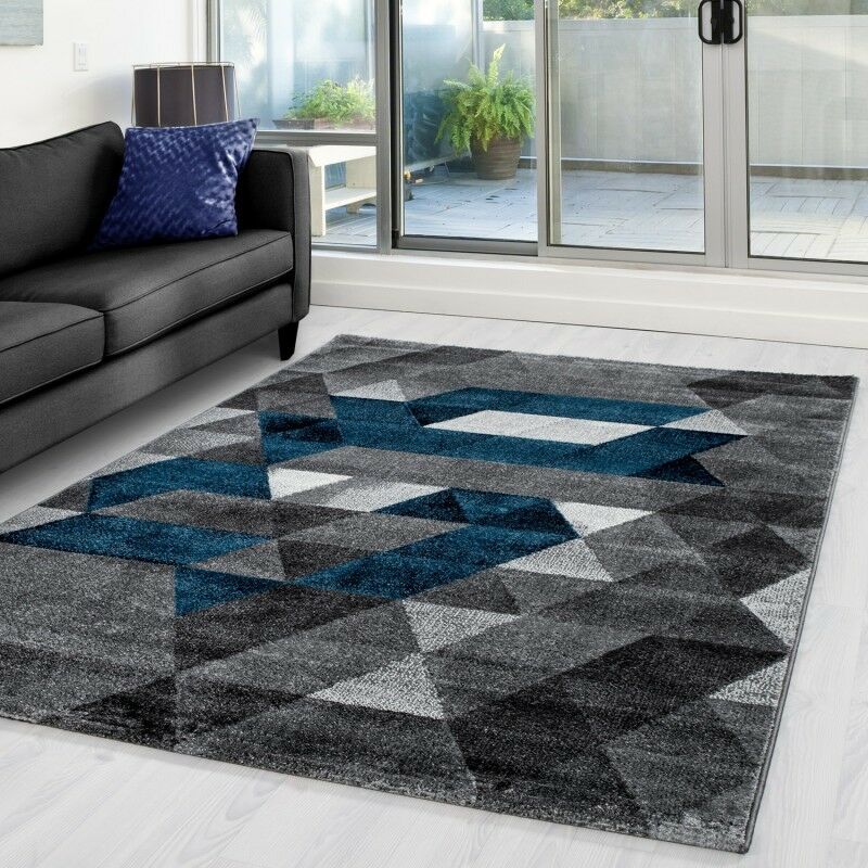 Tapis de salon à poils ras design motif triangle turquoise gris chiné