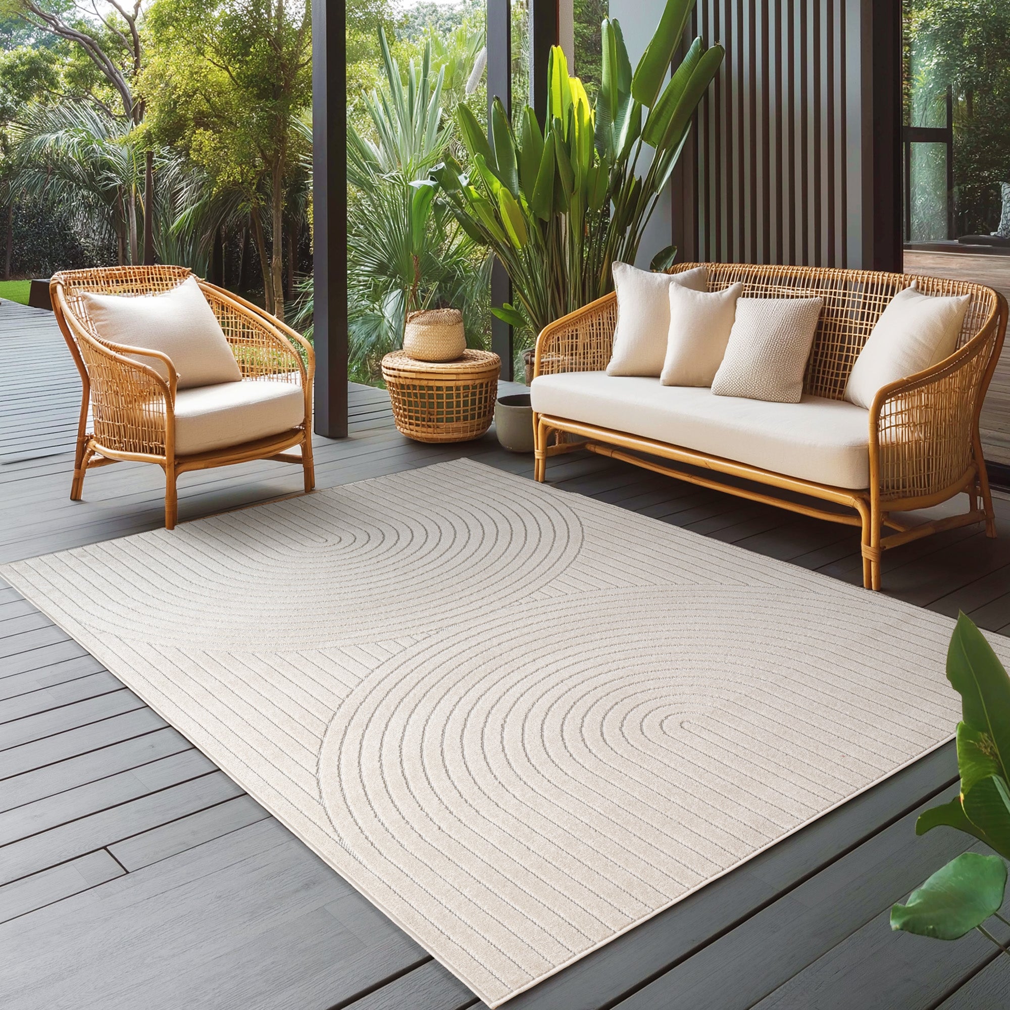 Tapis d'extérieur Carpettex, résistant aux intempéries, pour salon/balcon, effet 3D, lavable, couleur crème