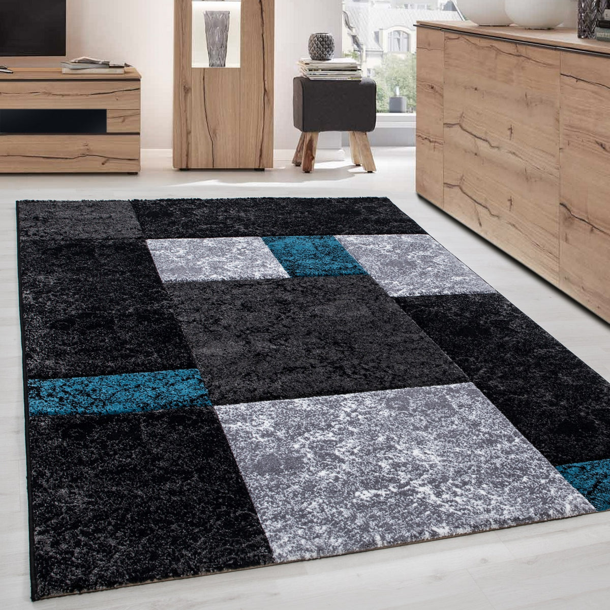 Carpettex Kurzflor Teppich Konturenschnitt Karo Meliert Waschbar