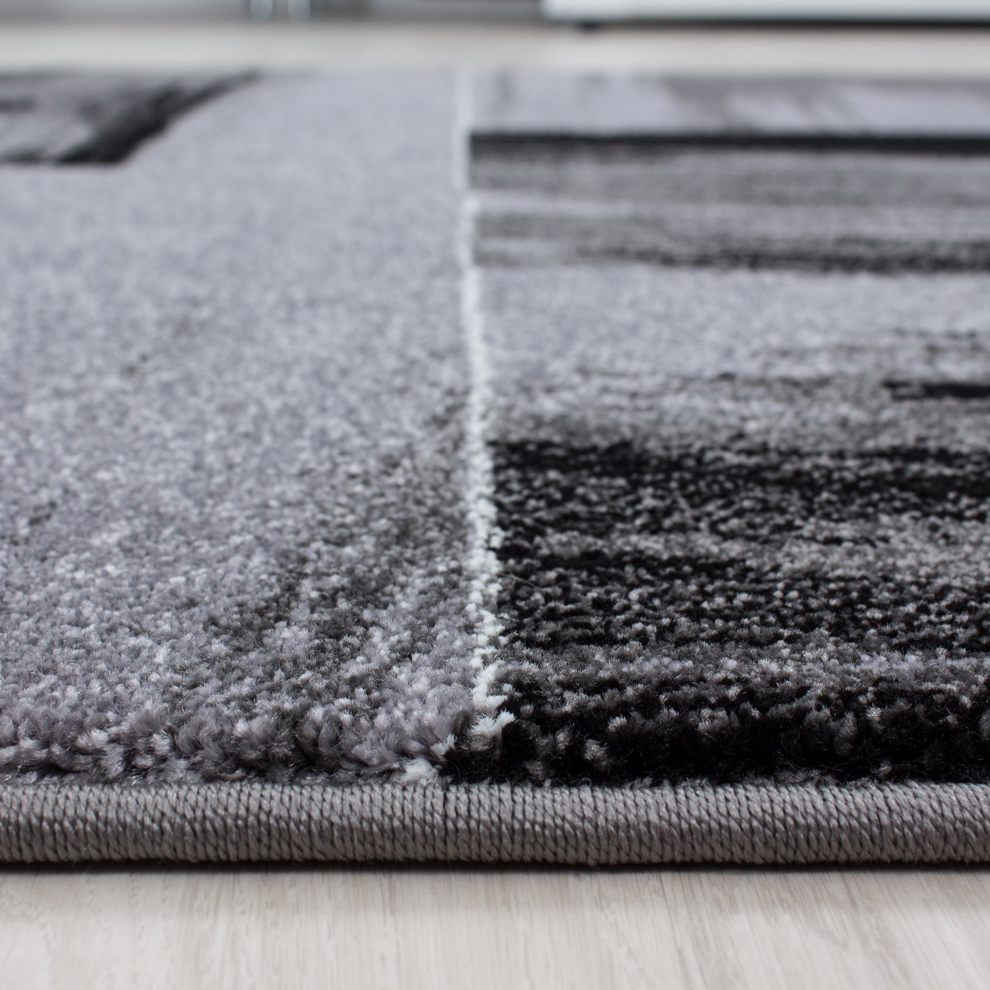 Kurzflor Teppich Läufer-Set Bettumrandung Kacheldesign Grau Schwarz meliert