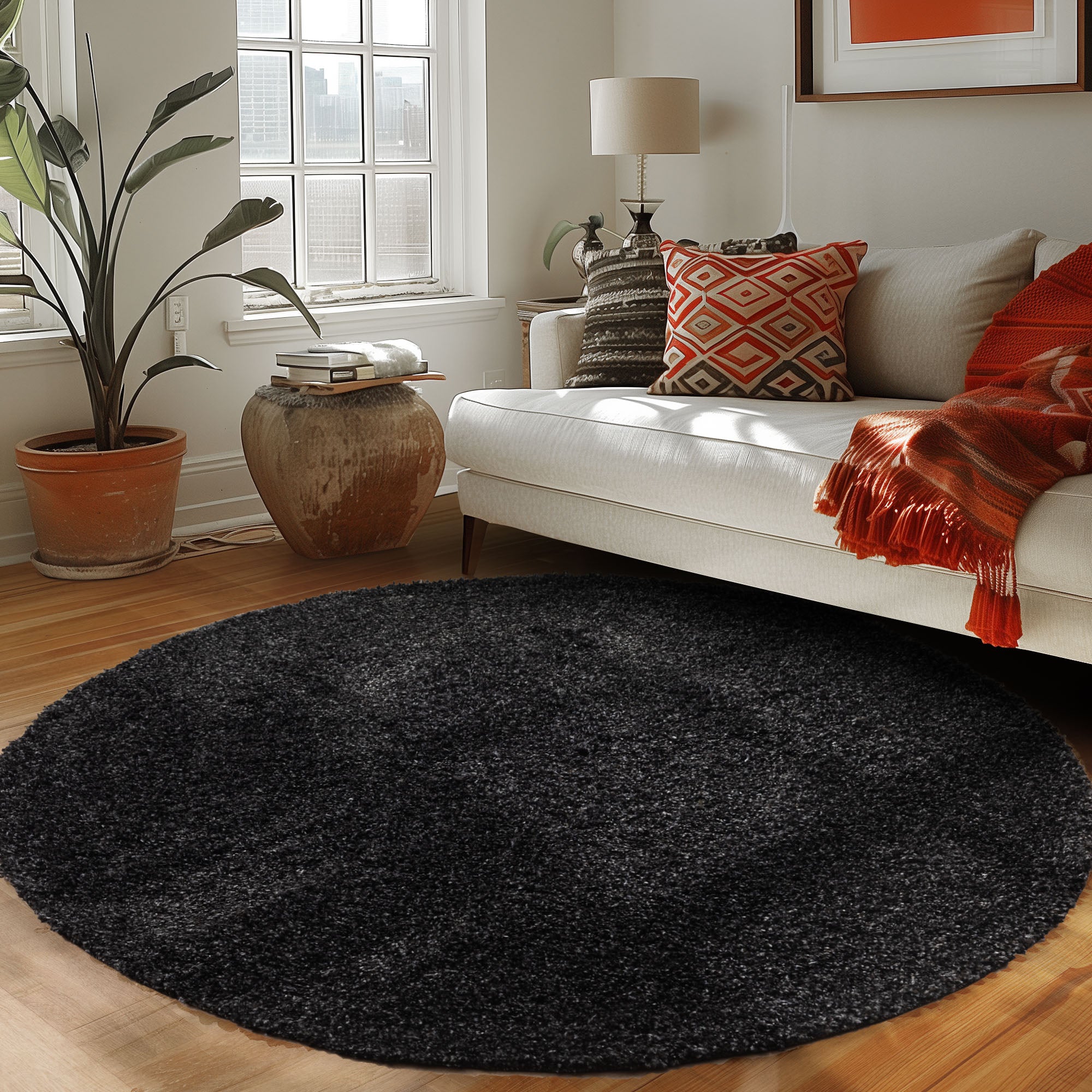 Runder Teppich Wohnzimmer Hochflor Einfarbiges Design Langflor Shaggy Modern