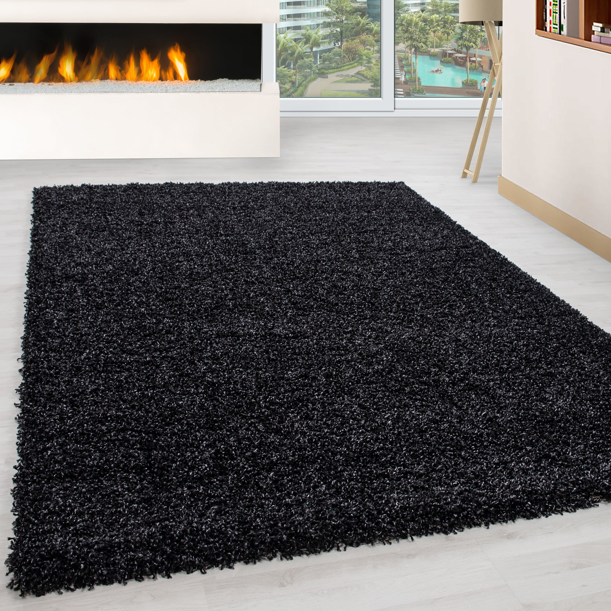 Deep pile rug for living room, long pile shaggy rug, plain design, fluffy