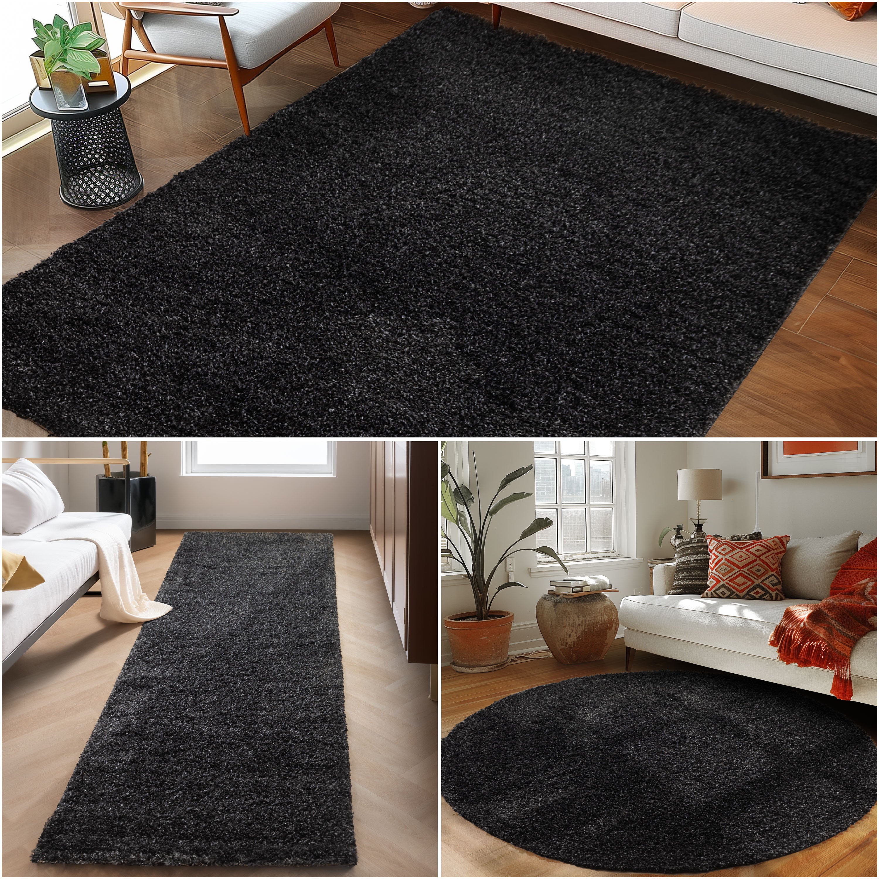 Runder Teppich Wohnzimmer Hochflor Einfarbiges Design Langflor Shaggy Modern