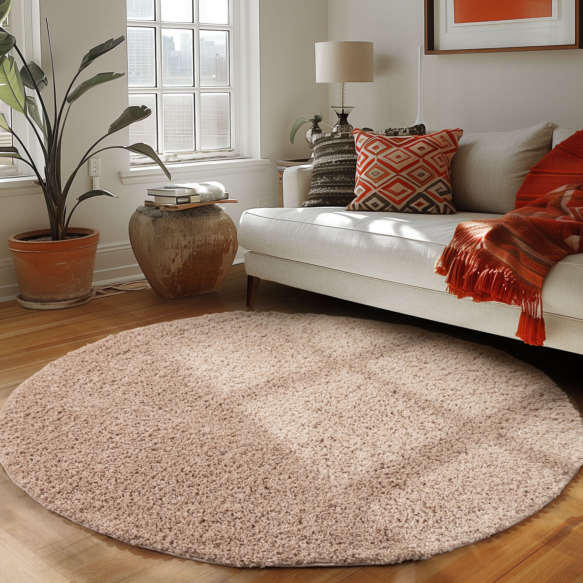 Runder Teppich Wohnzimmer Hochflor Einfarbiges Design Langflor Shaggy Modern