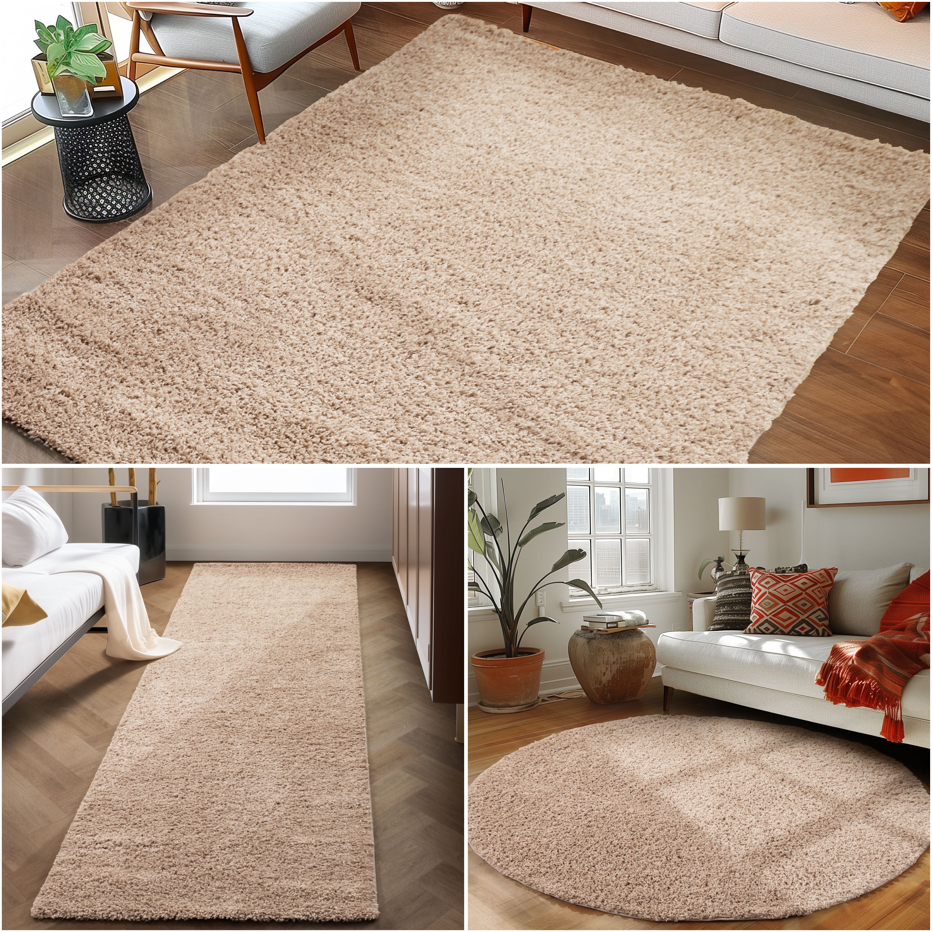 Runder Teppich Wohnzimmer Hochflor Einfarbiges Design Langflor Shaggy Modern