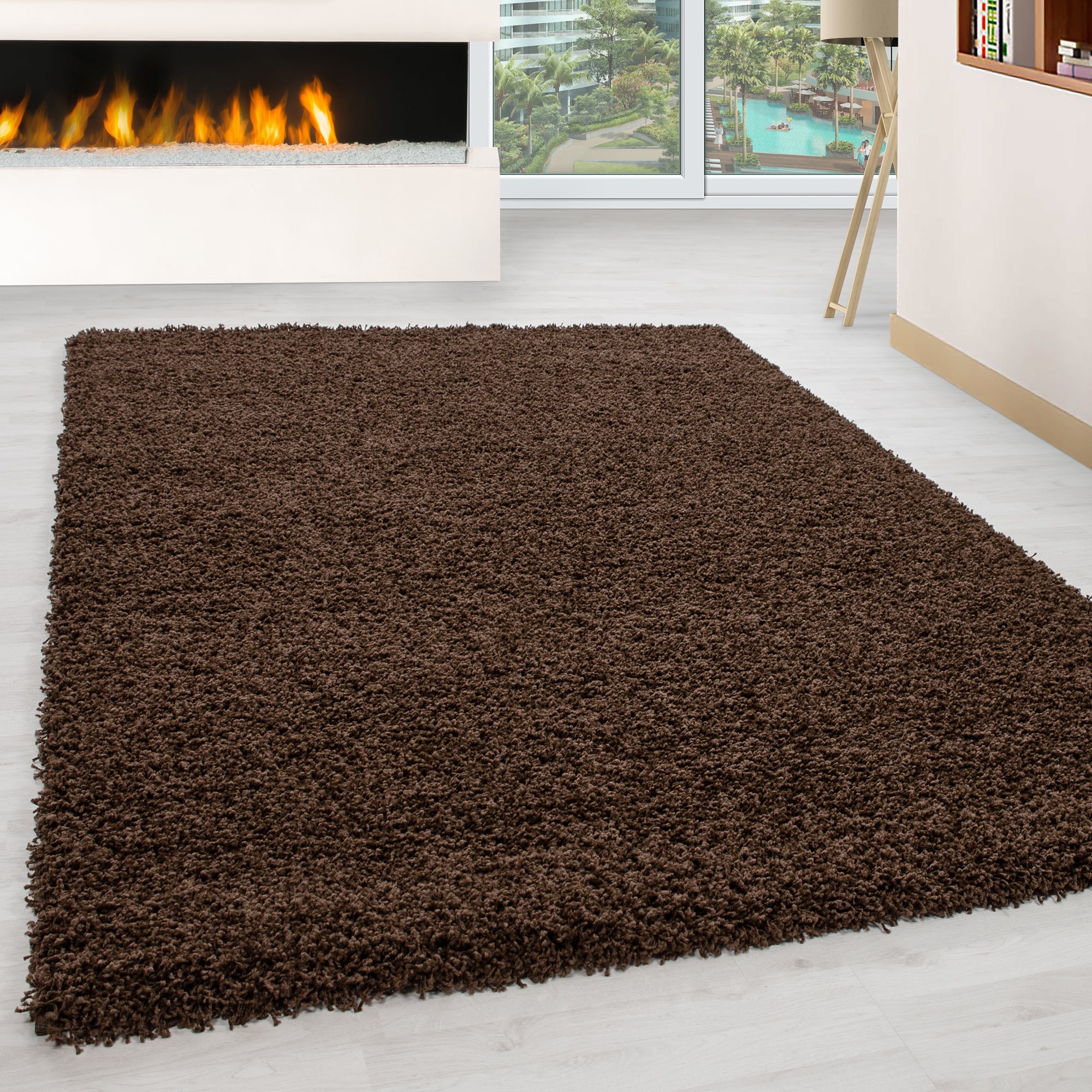 Deep pile rug for living room, long pile shaggy rug, plain design, fluffy