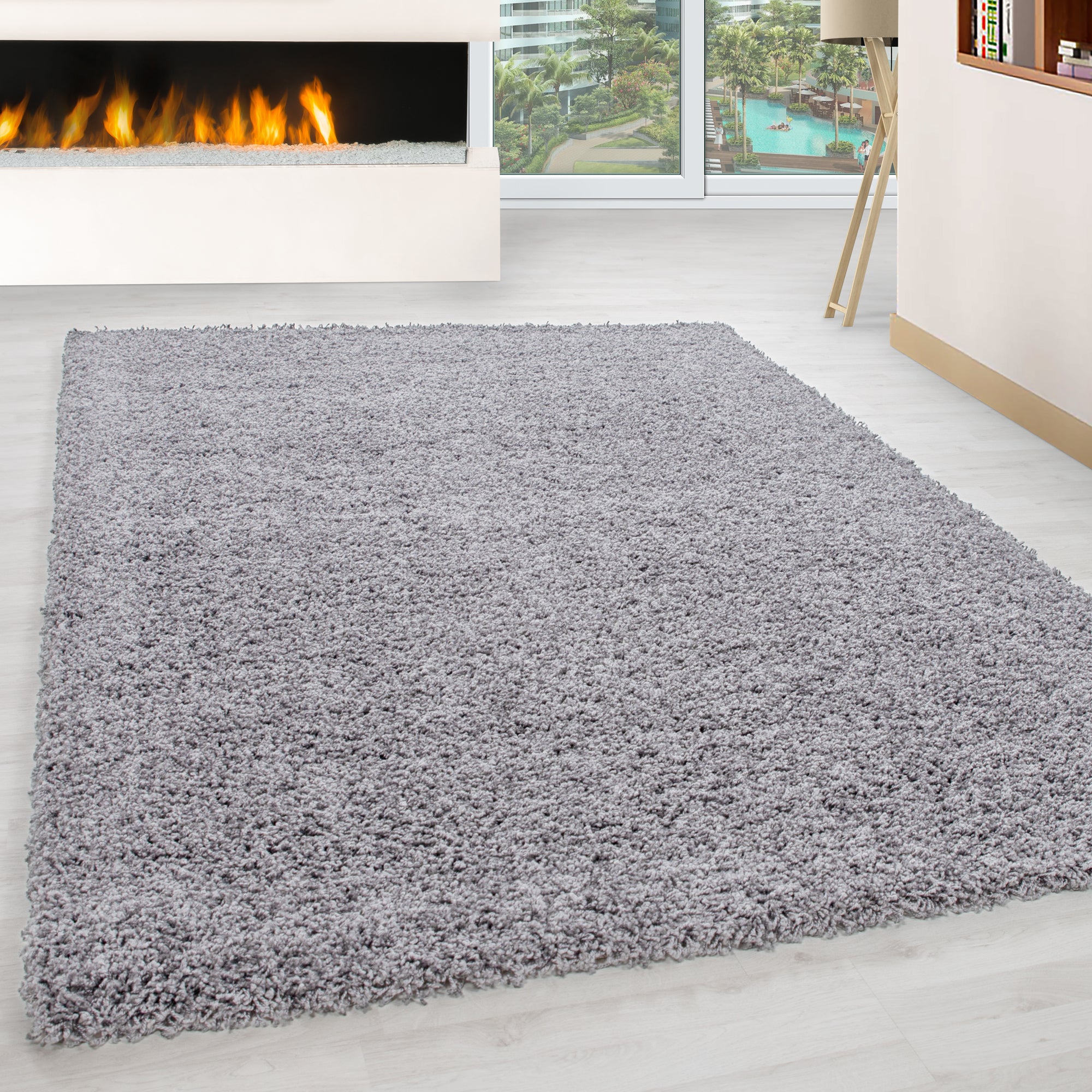 Deep pile rug for living room, long pile shaggy rug, plain design, fluffy