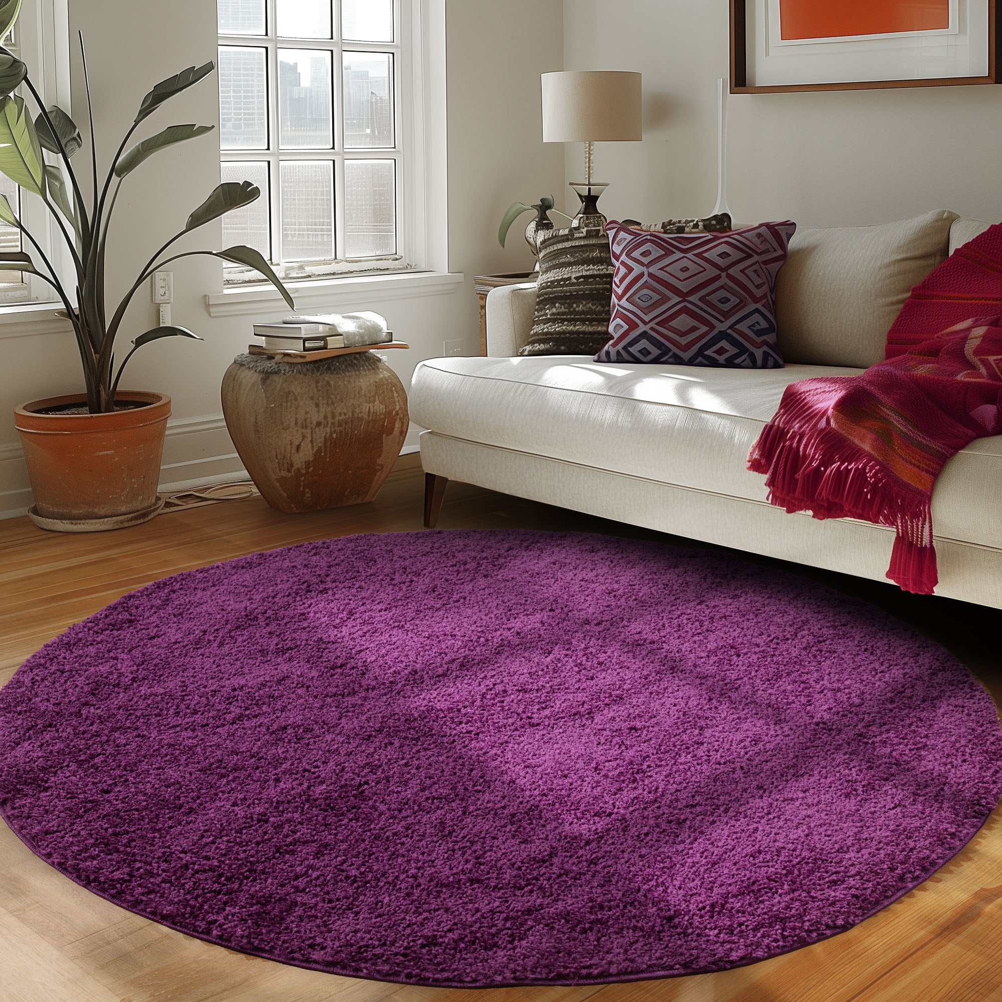 Runder Teppich Wohnzimmer Hochflor Einfarbiges Design Langflor Shaggy Modern