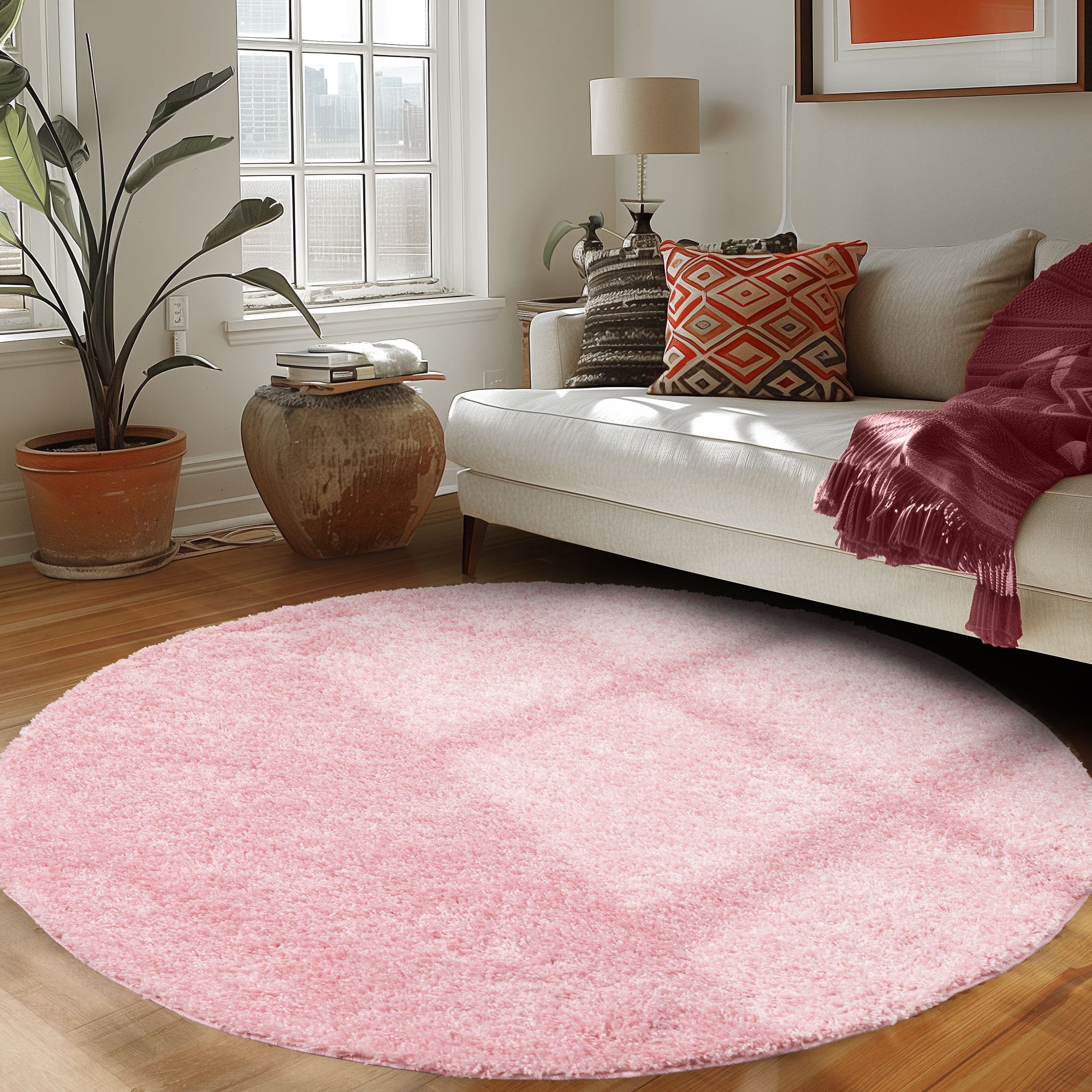 Runder Teppich Wohnzimmer Hochflor Einfarbiges Design Langflor Shaggy Modern