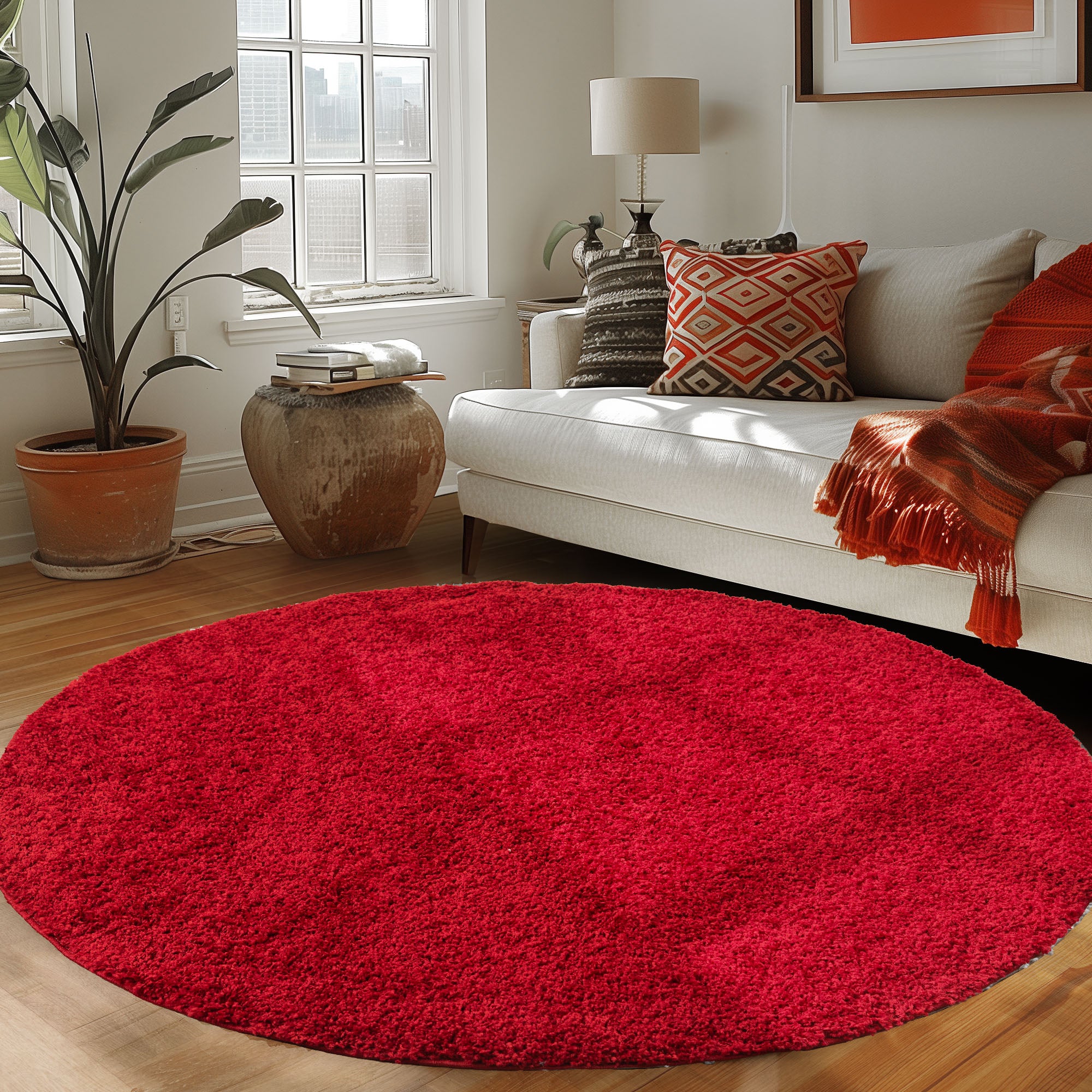 Runder Teppich Wohnzimmer Hochflor Einfarbiges Design Langflor Shaggy Modern