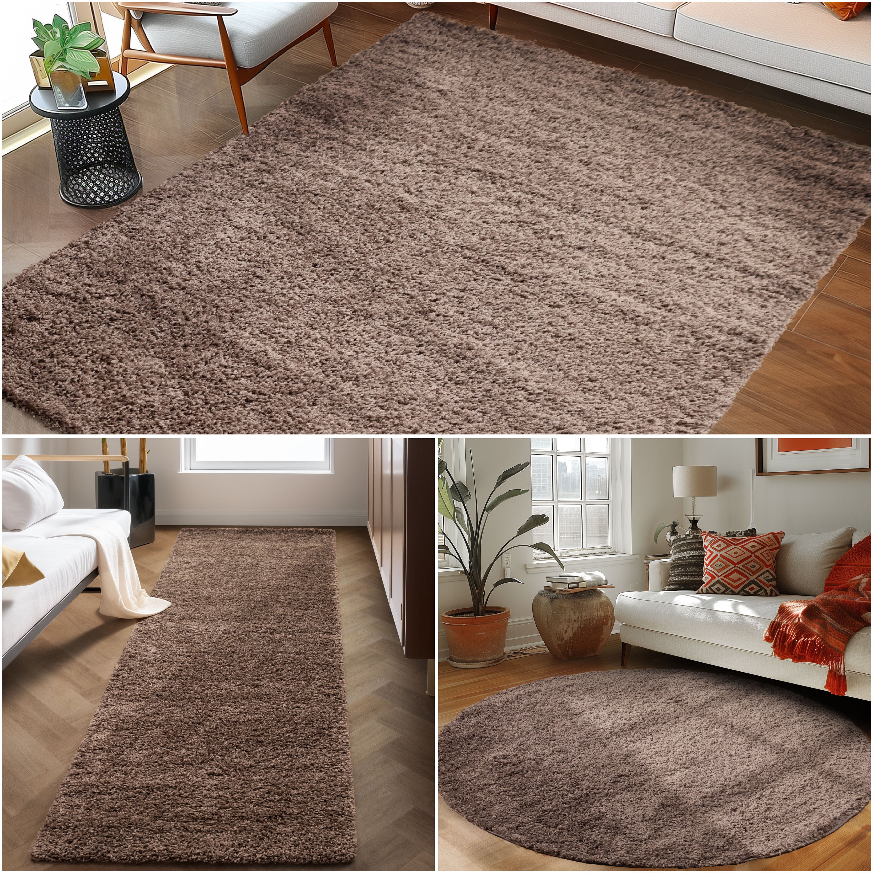Runder Teppich Wohnzimmer Hochflor Einfarbiges Design Langflor Shaggy Modern