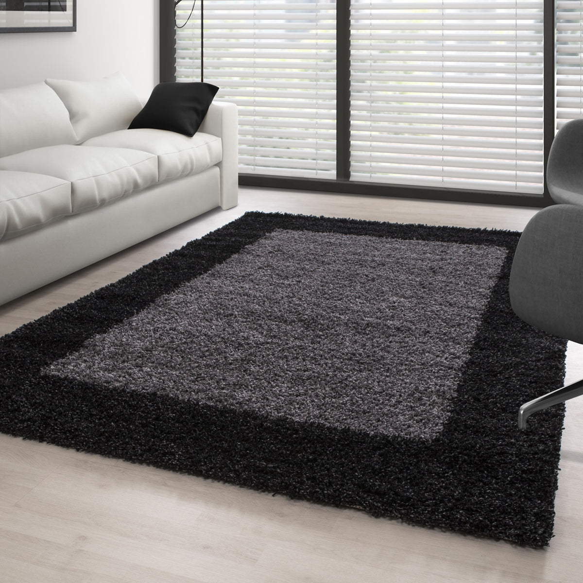 Shaggy Teppich Hochflor Langflor Wohnzimmer Teppich Gemustert in Bordüre Design