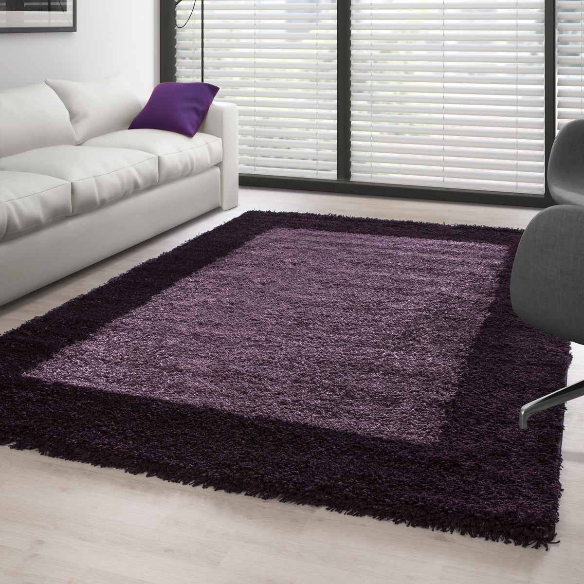 Shaggy Teppich Hochflor Langflor Wohnzimmer Teppich Gemustert in Bordüre Design