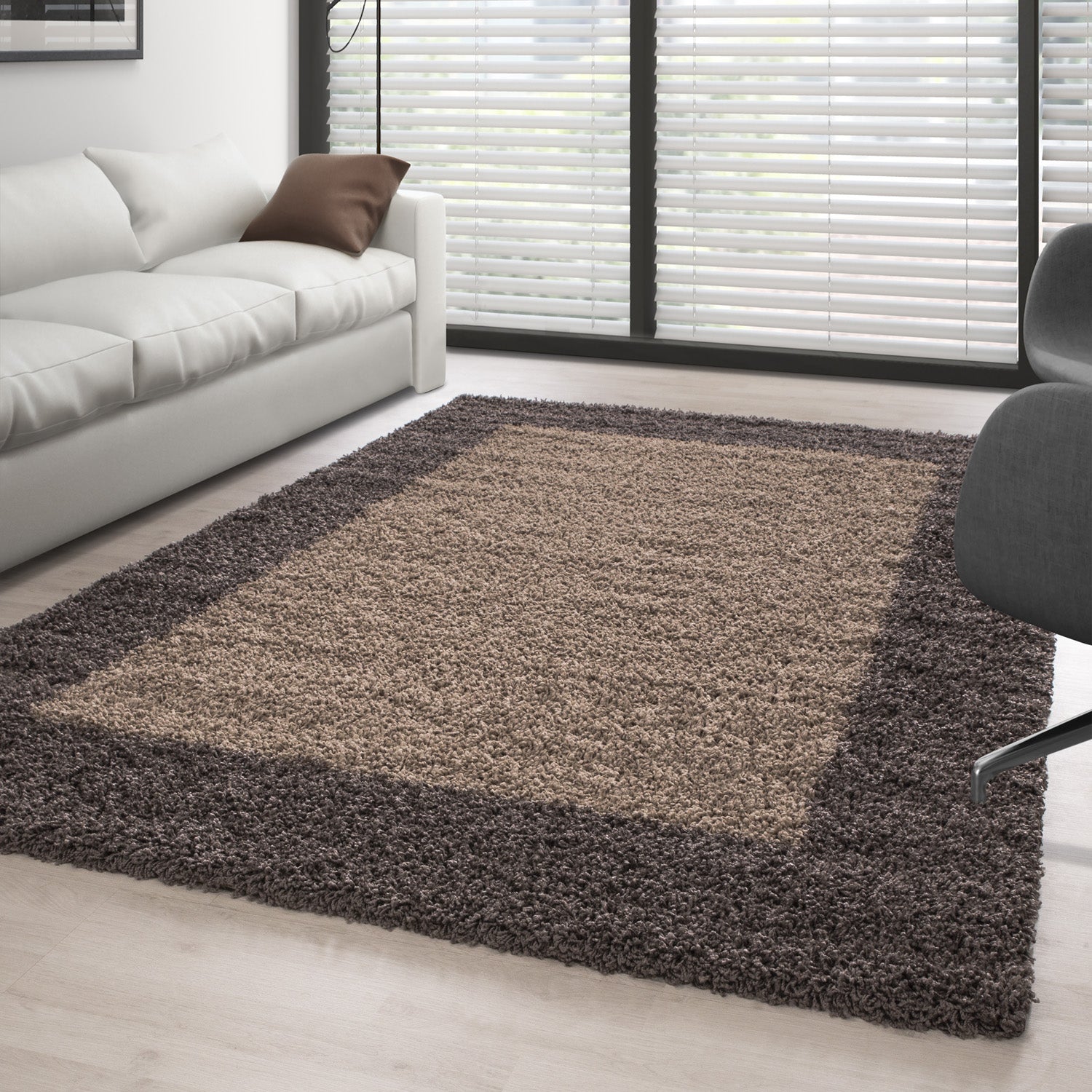 Tapis shaggy, poils profonds, tapis de salon à poils longs, motif bordure