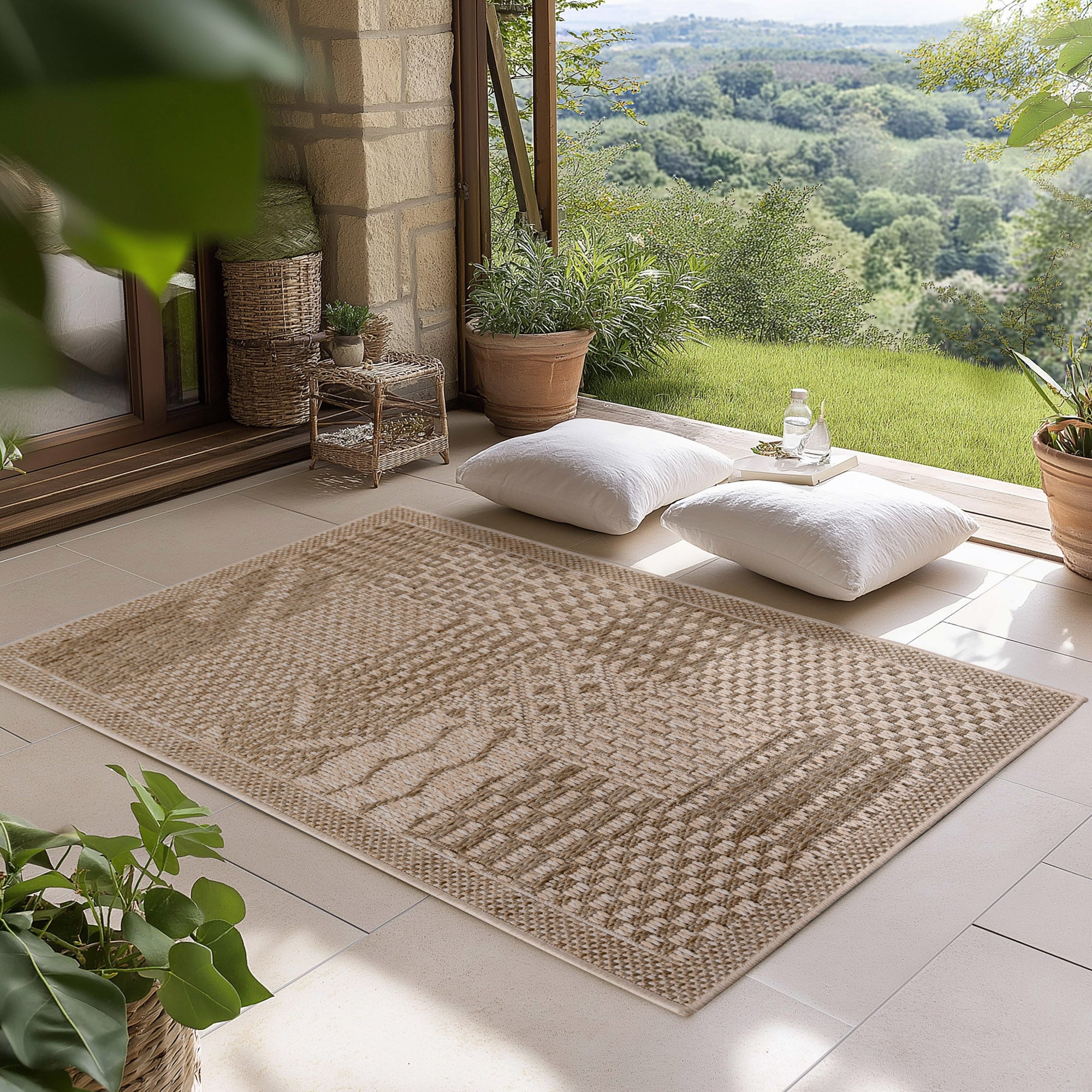 Tapis d'extérieur Carpettex, résistant aux intempéries, idéal pour la cuisine, le balcon et le salon, style bohème, beige - 2
