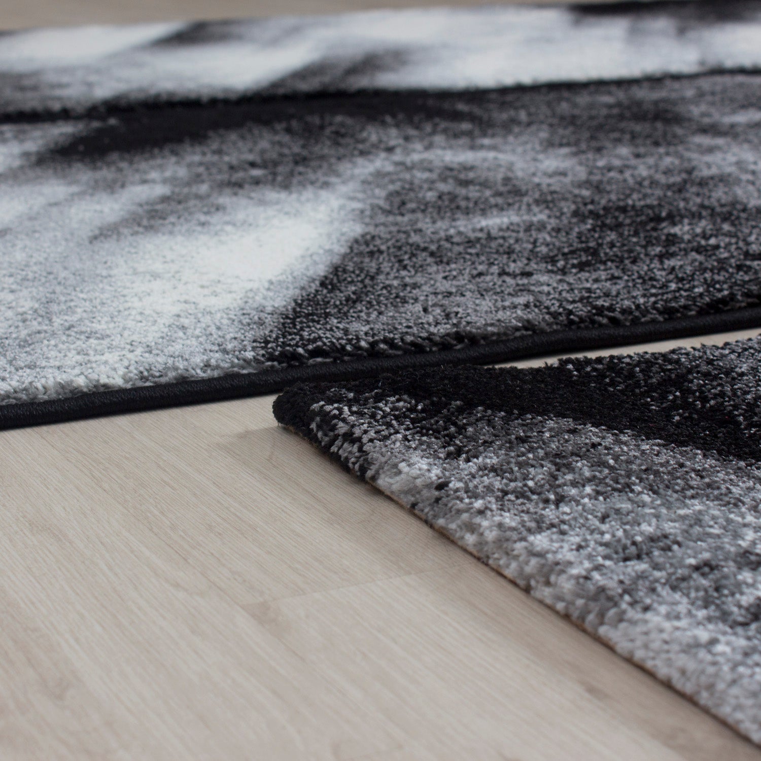Kurzflor Bettumrandung Teppich 3-teilig Abstrakt Schatten meliert Grau Schwarz