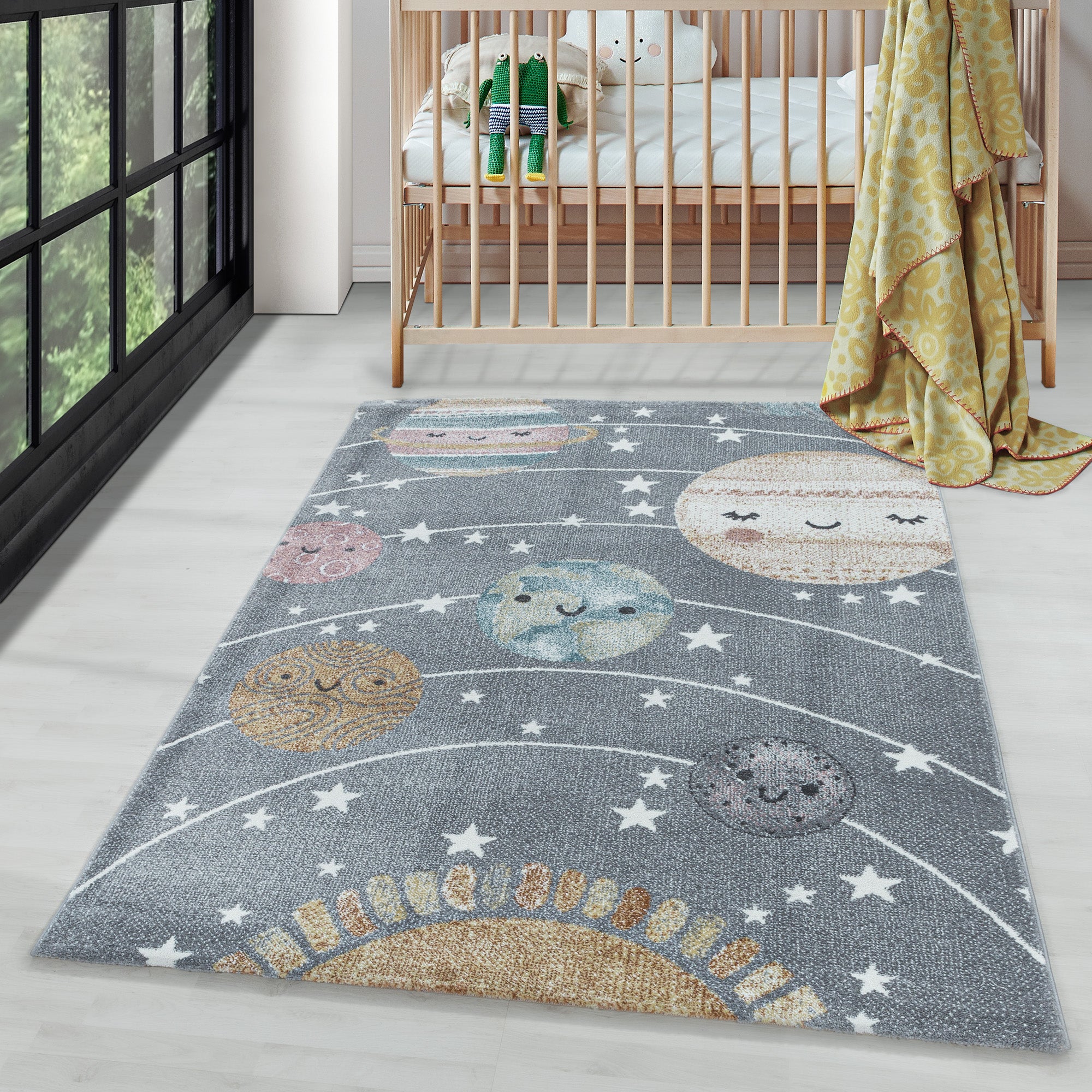 Children's Rug Planets Space Design Modern Easy Care Rug Children's Room
