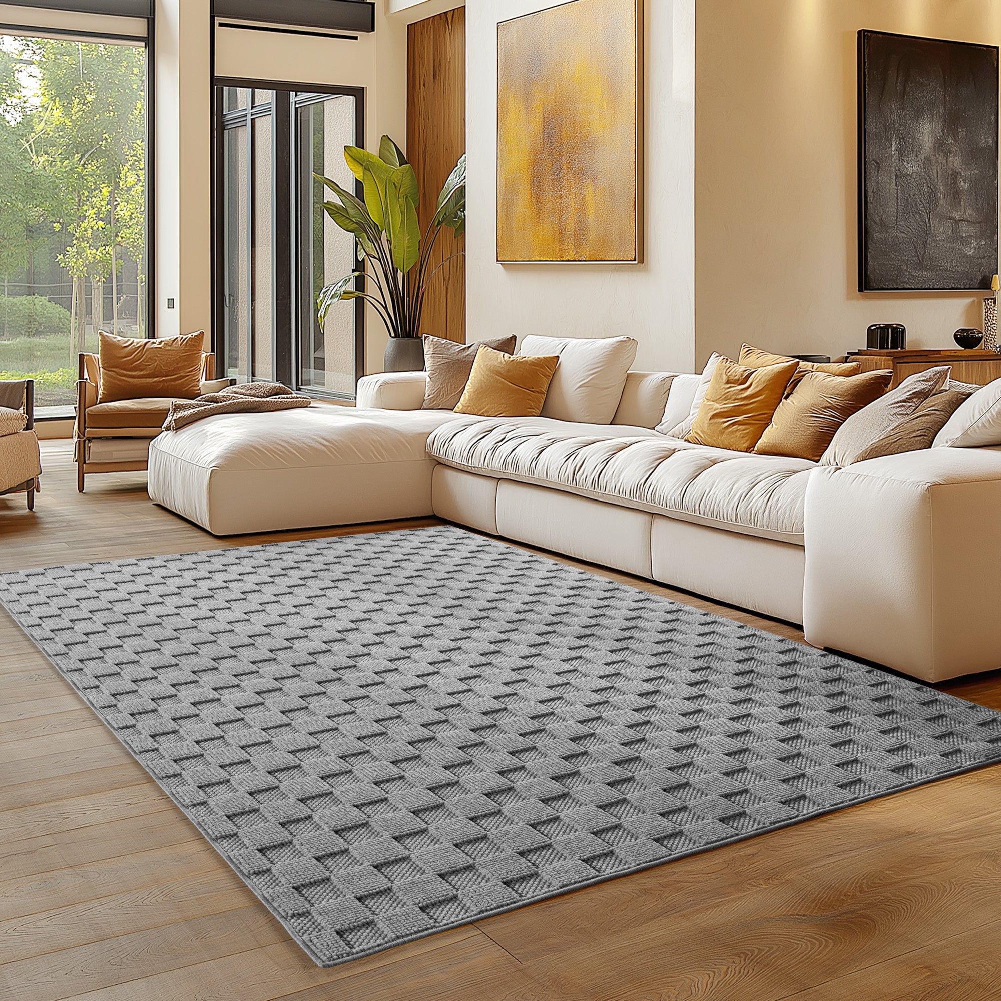 Carpettex rug, solid color, bouclé checkered style, easy care, living room, dining room