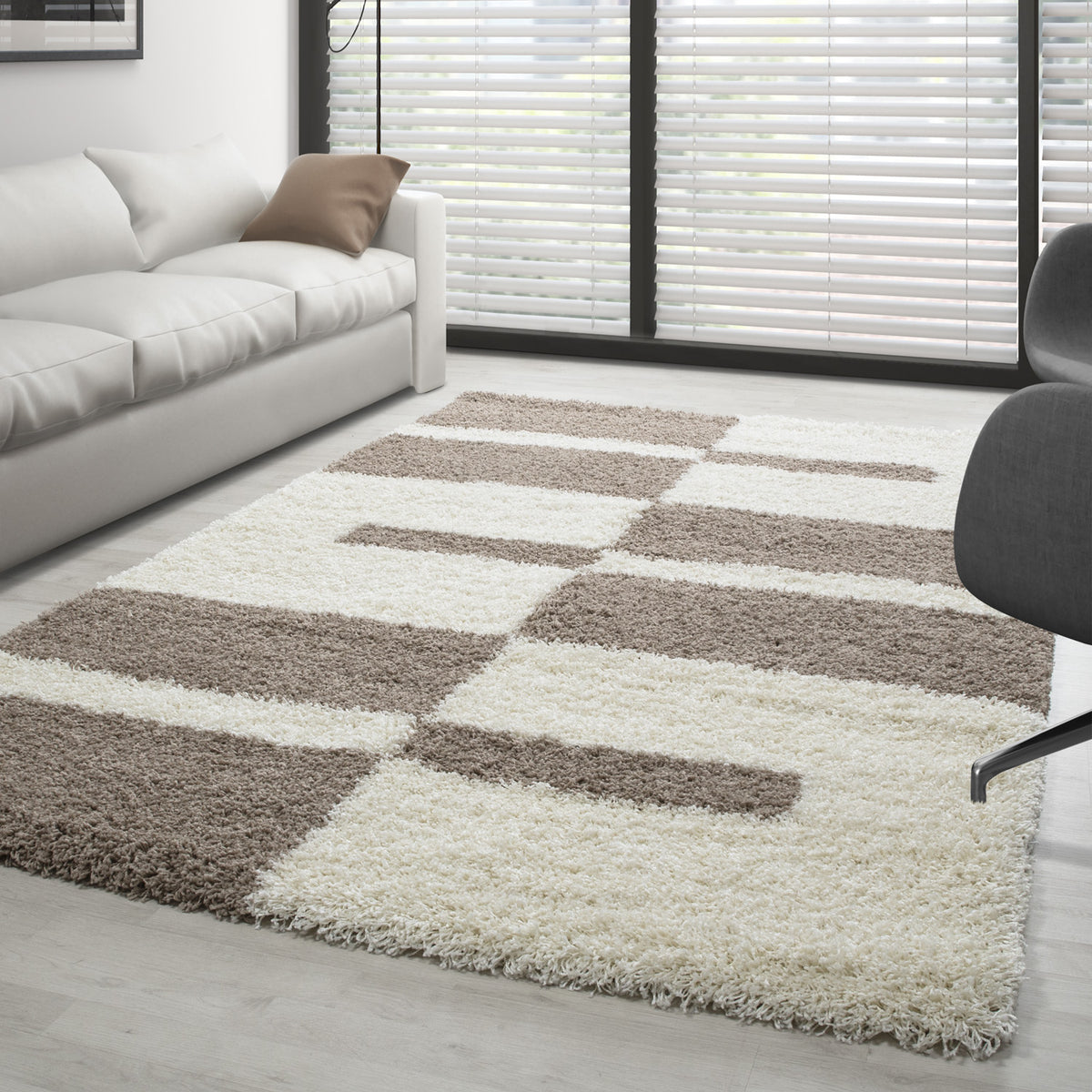 Designer Shaggy Teppich Modern Kariert Design Hochflor Teppich Wohnzimmer
