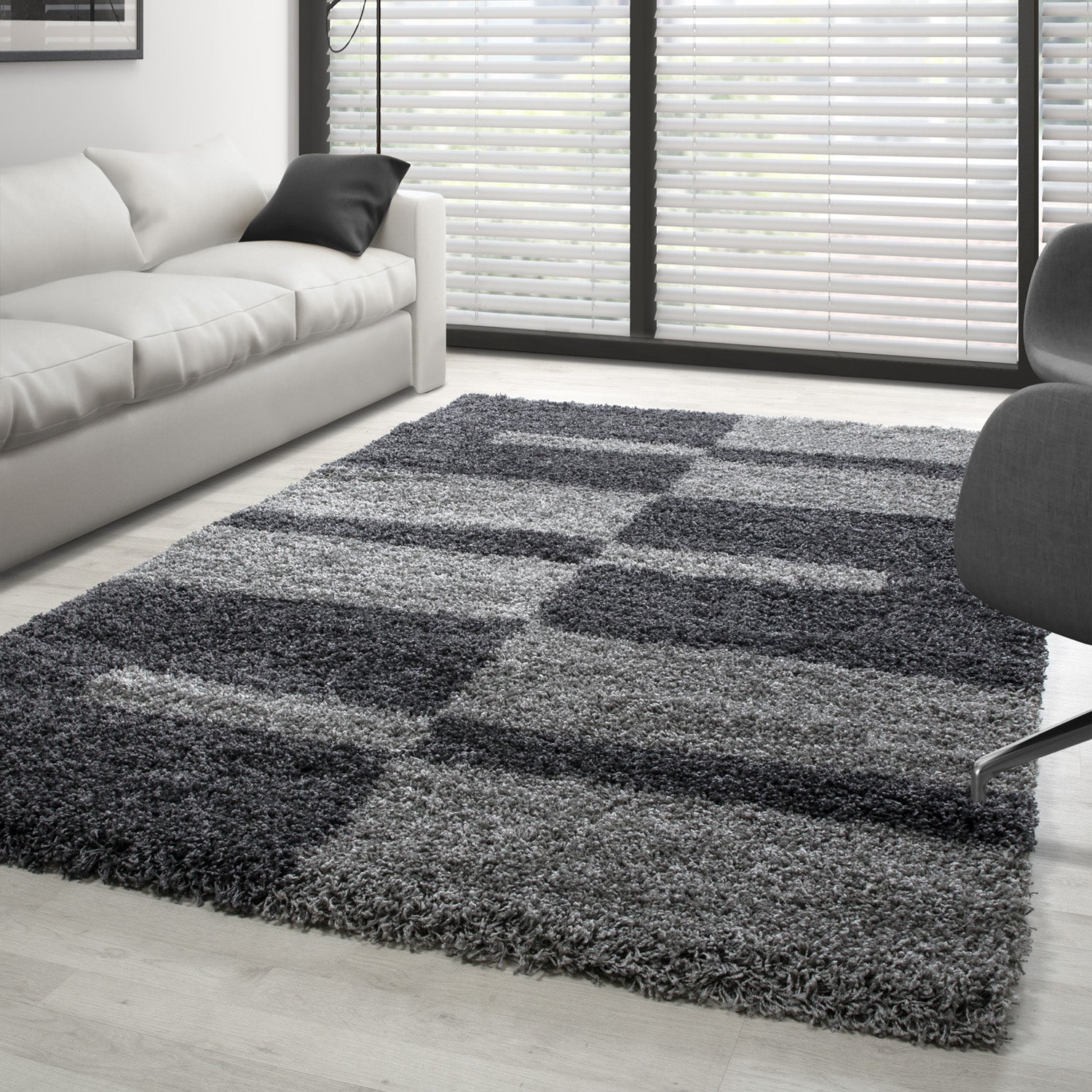 Designer Shaggy Teppich Modern Kariert Design Hochflor Teppich Wohnzimmer