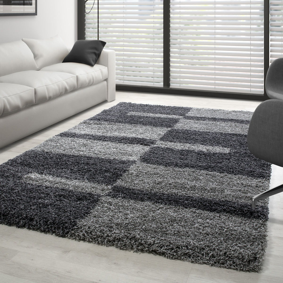 Designer Shaggy Teppich Modern Kariert Design Hochflor Teppich Wohnzimmer