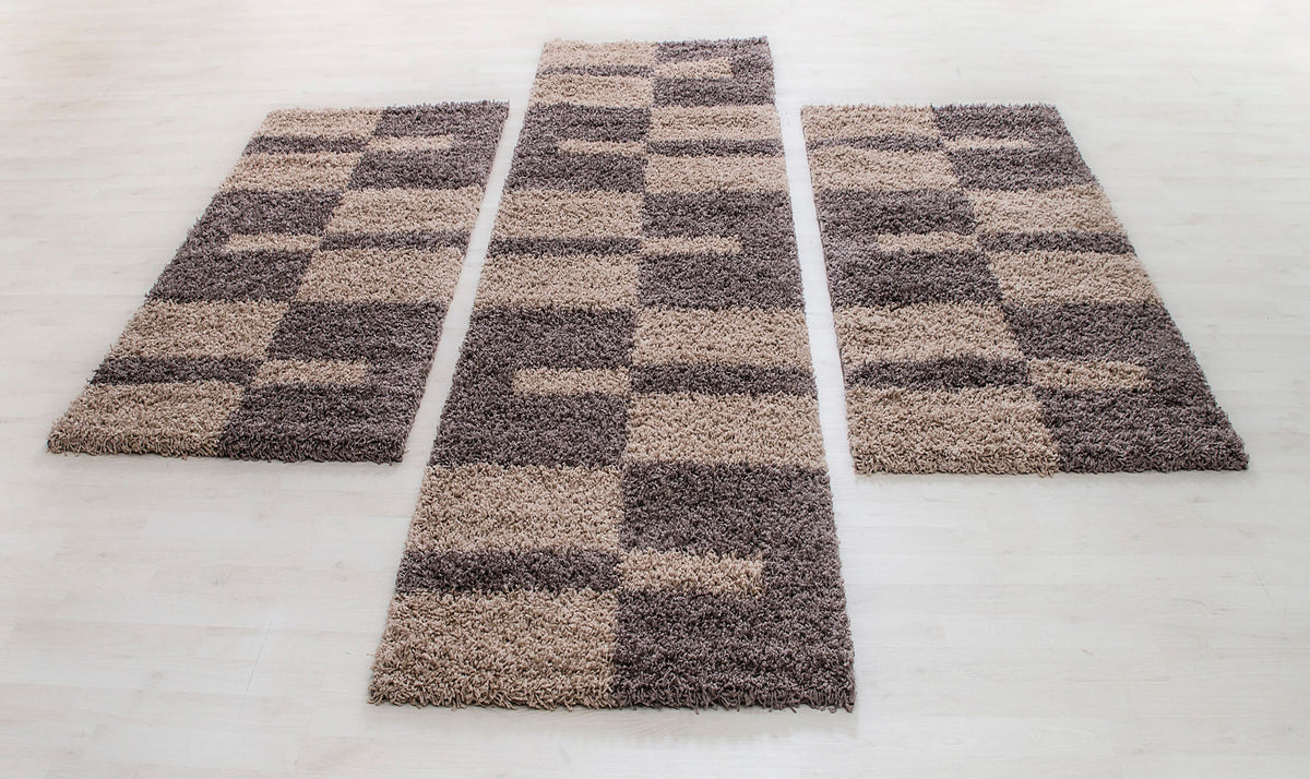 Bettumrandung Hochflor Shaggy Teppich Läuferset 3 teilig Kariert Taupe Beige