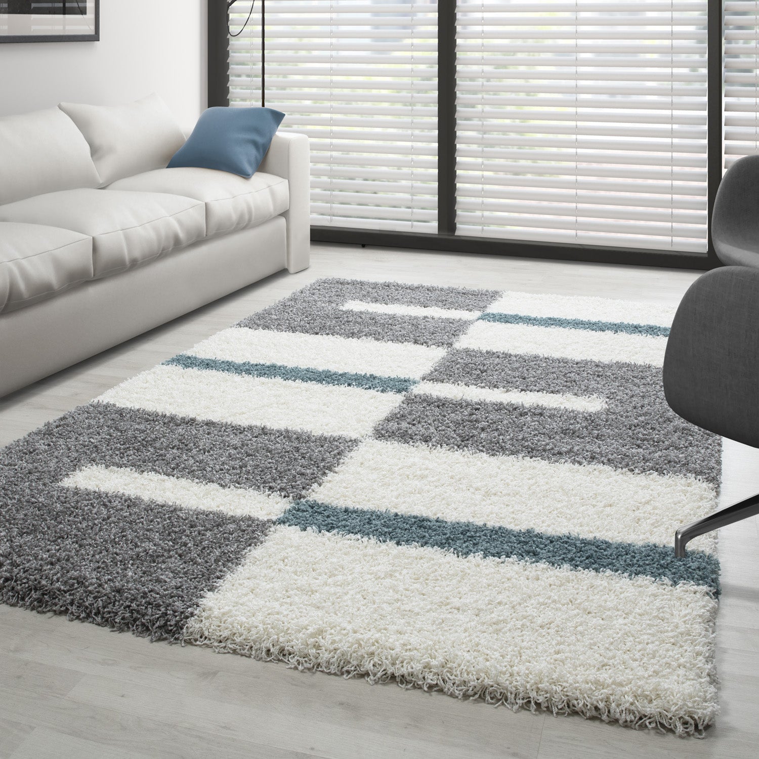 Designer Shaggy Teppich Modern Kariert Design Hochflor Teppich Wohnzimmer