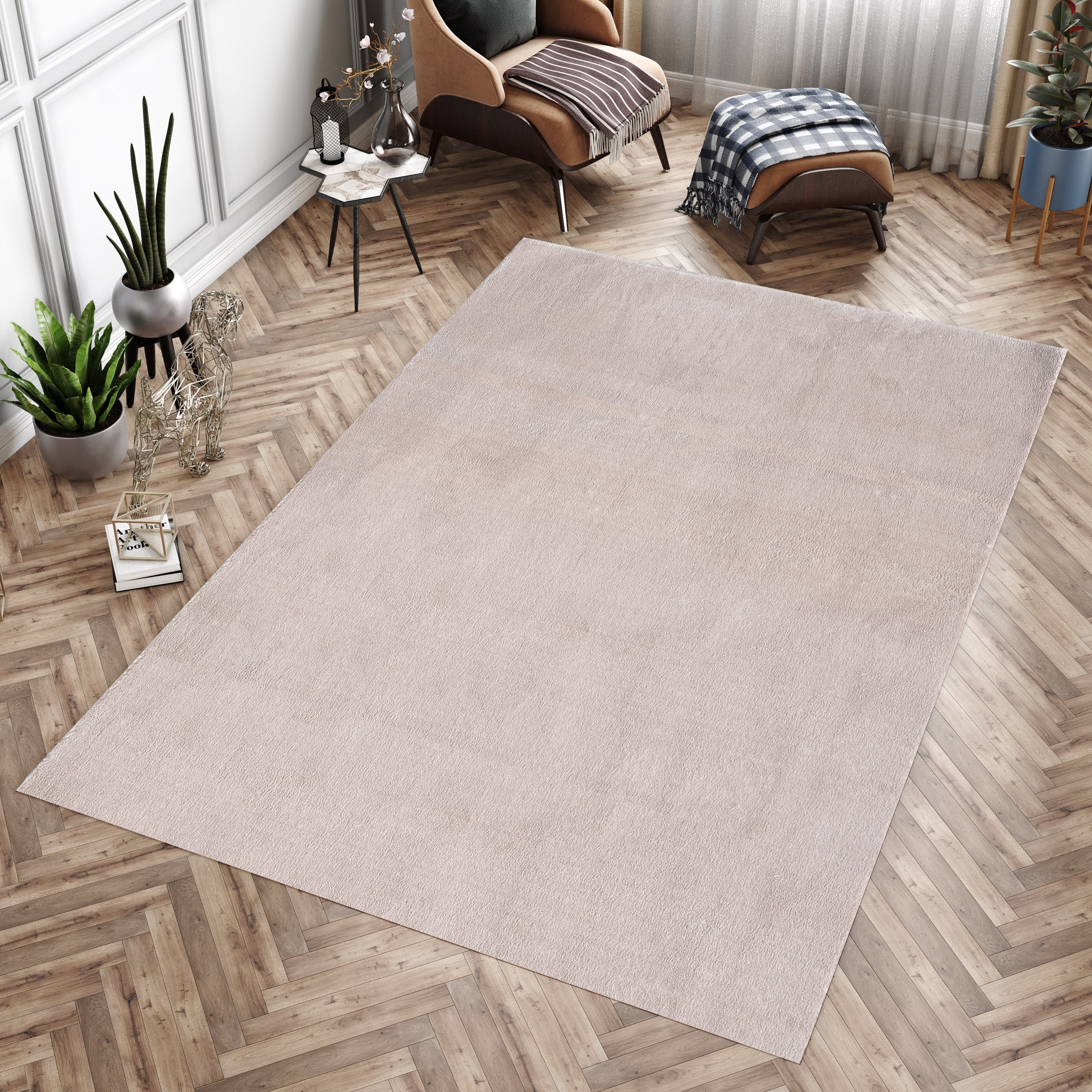 Waschbarer Hochflor Teppich Wohnzimmer Einfarbig Kunstfell Plüsch Super Weich
