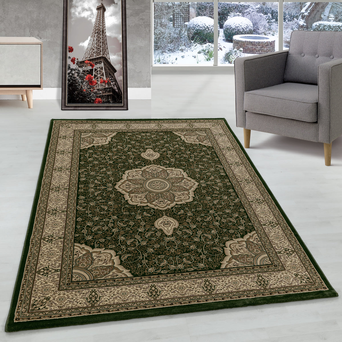 Carpettex Orientteppich Grün Kurzflor Vintage Pflegeleicht