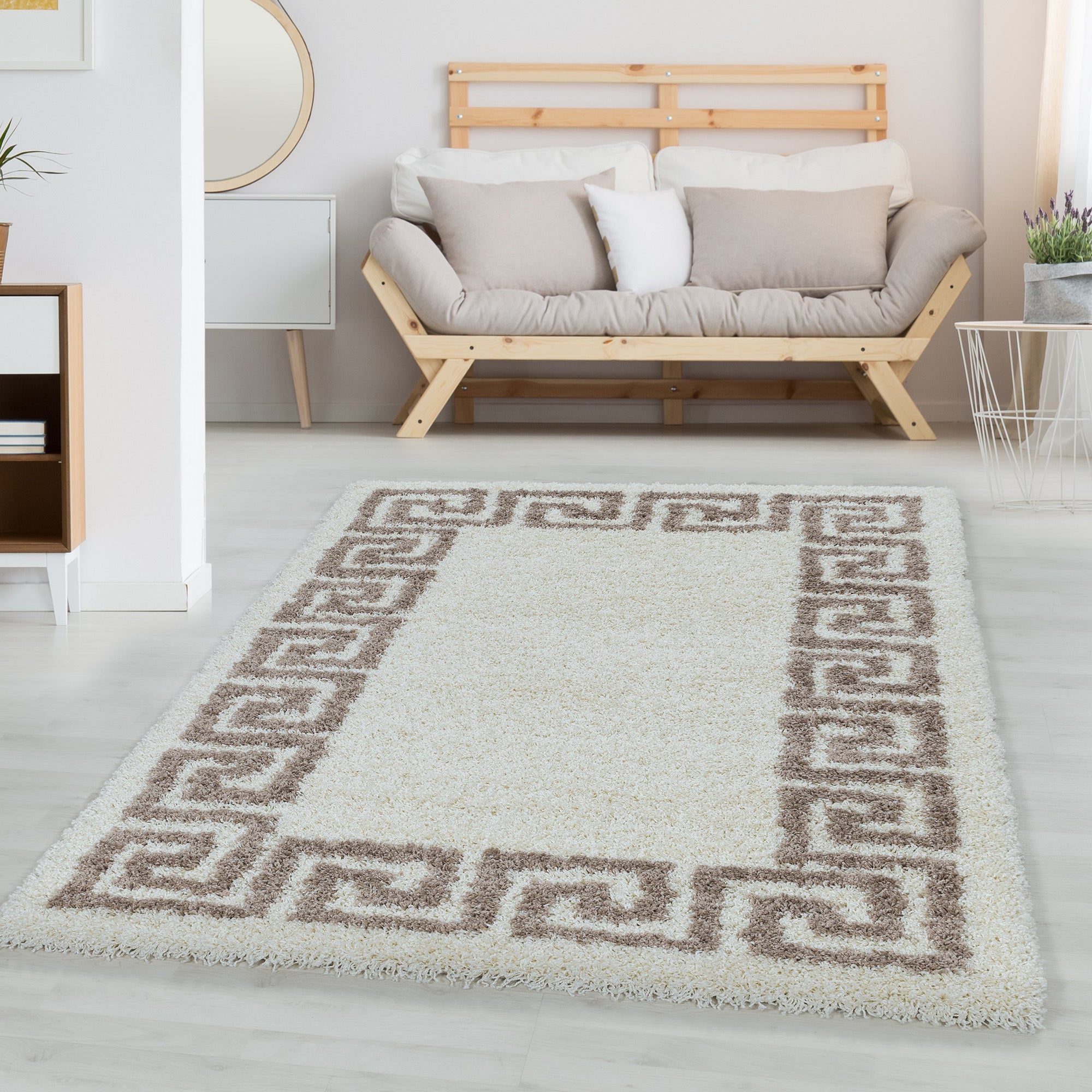 Hochflor Teppich Wohnzimmer Mäander-Design Langflor Modern Shaggy Teppich Weich