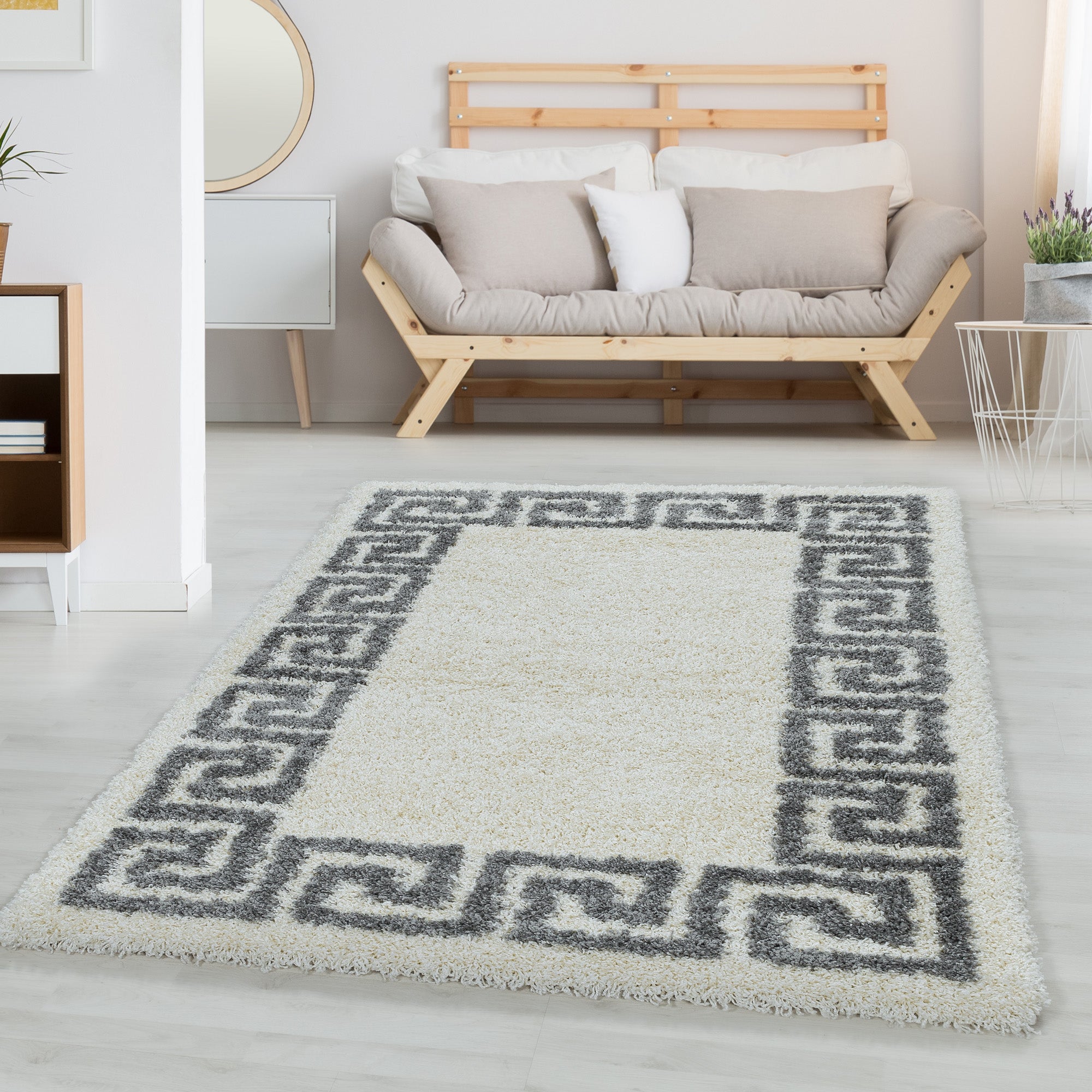 Hochflor Teppich Wohnzimmer Mäander-Design Langflor Modern Shaggy Teppich Weich