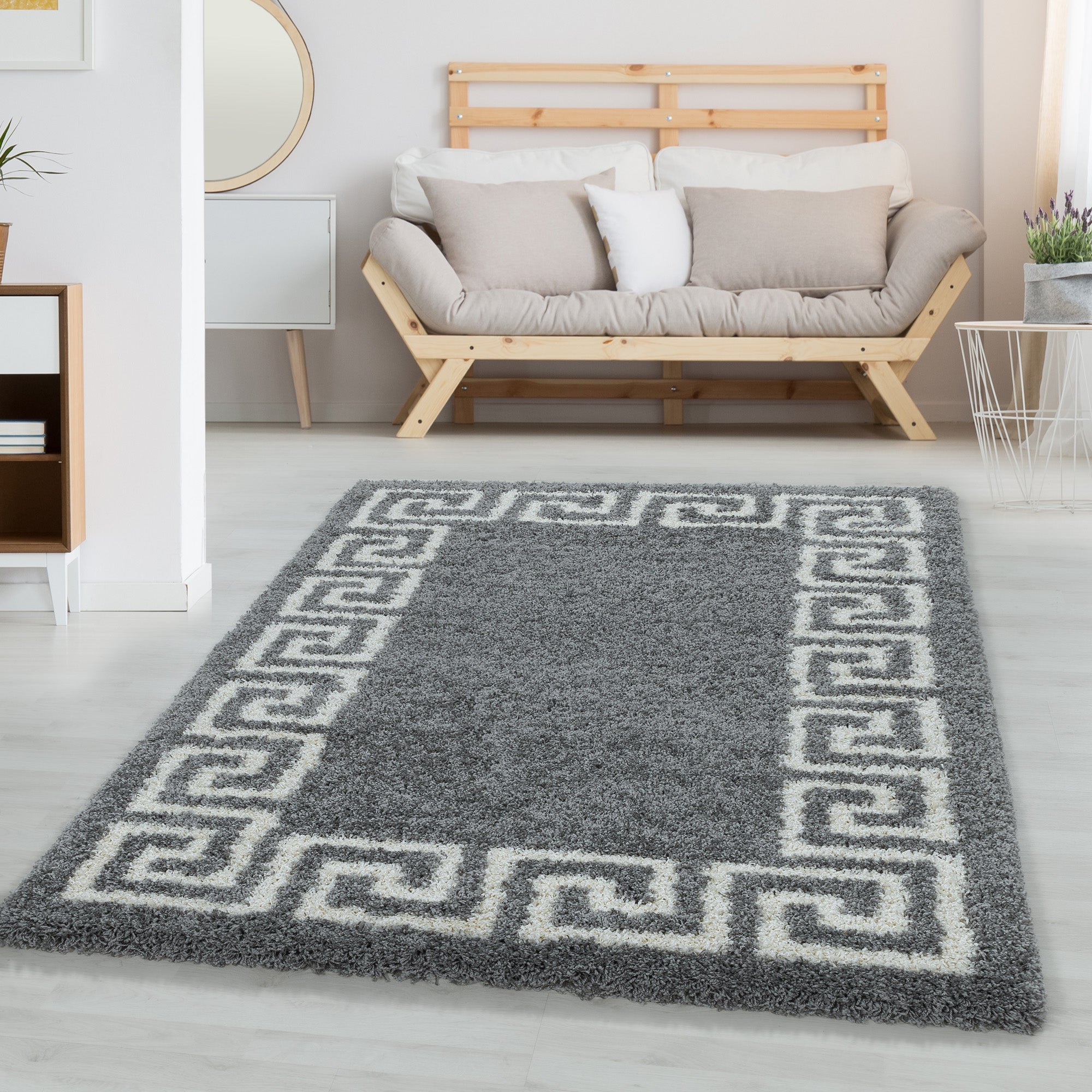 Hochflor Teppich Wohnzimmer Mäander-Design Langflor Modern Shaggy Teppich Weich