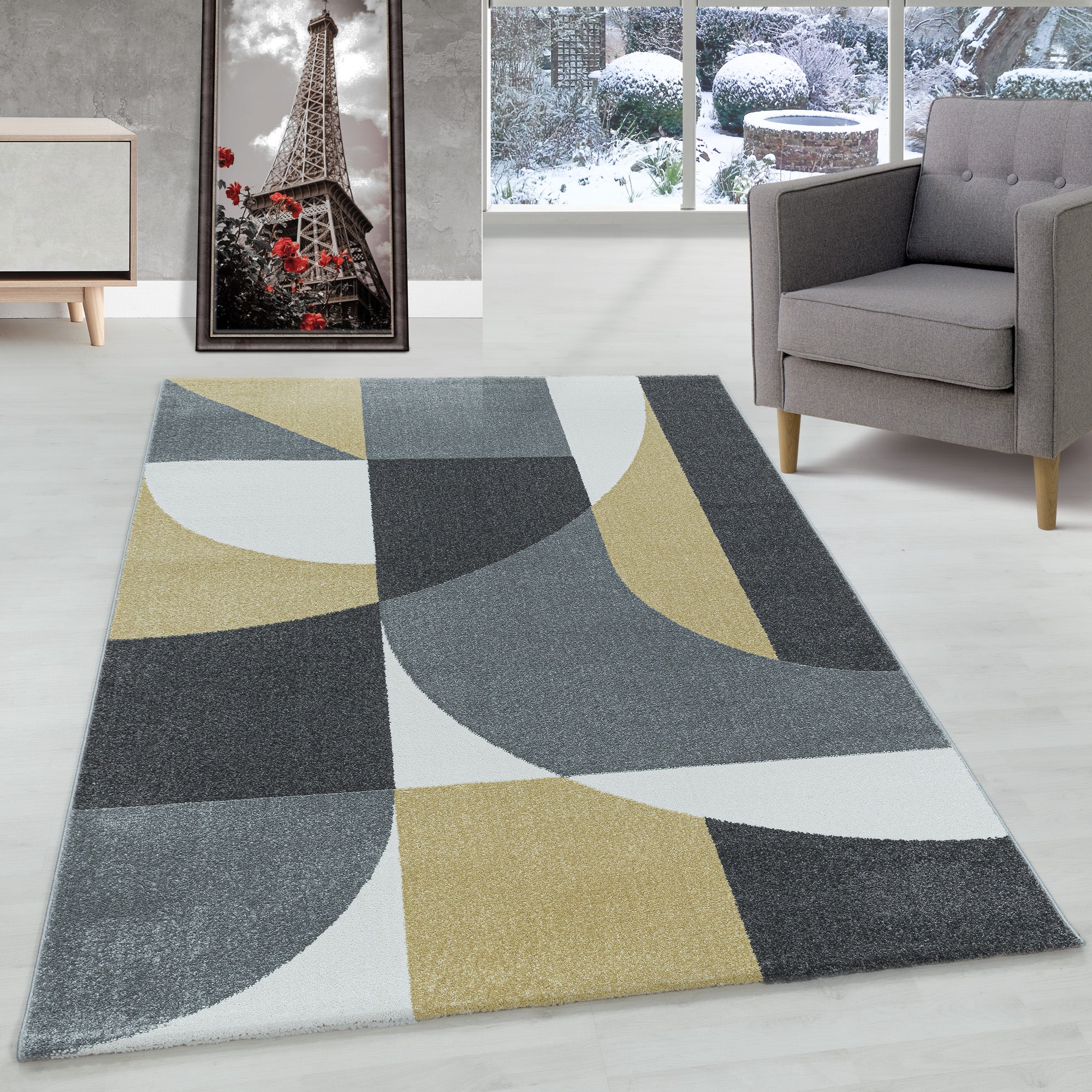Tapis design à poils courts, design géométrique, facile d'entretien, pour salon