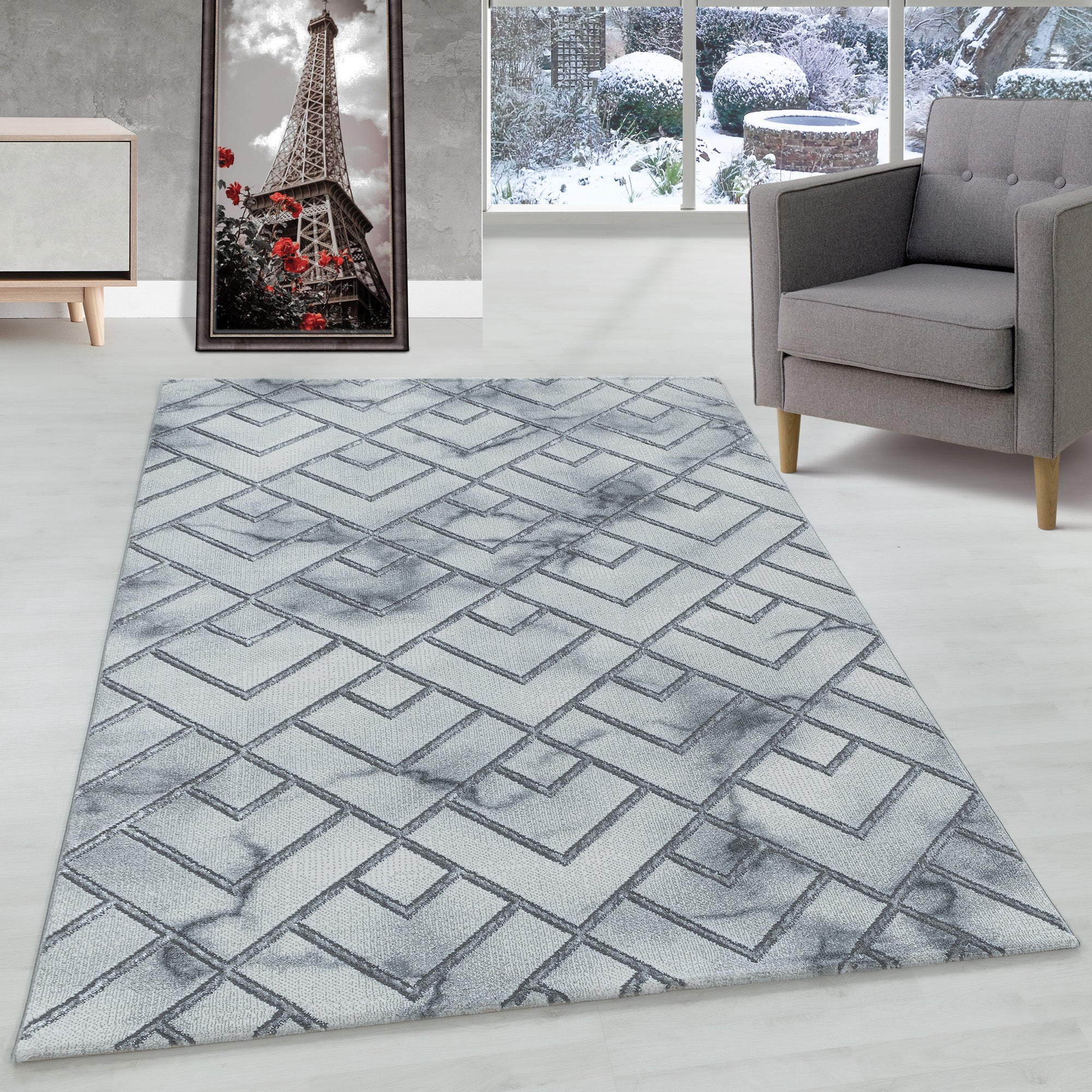 Tapis salon tapis design scandinave aspect marbre avec fibres brillantes