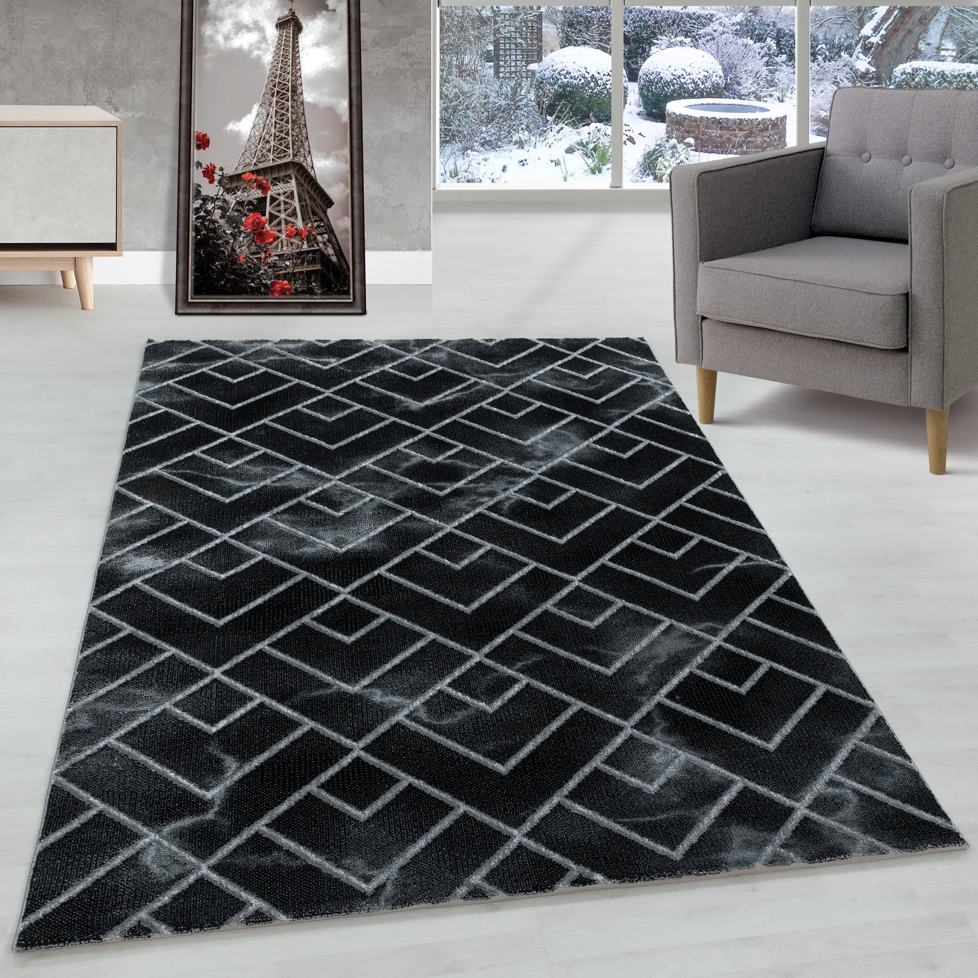 Tapis salon tapis design scandinave aspect marbre avec fibres brillantes