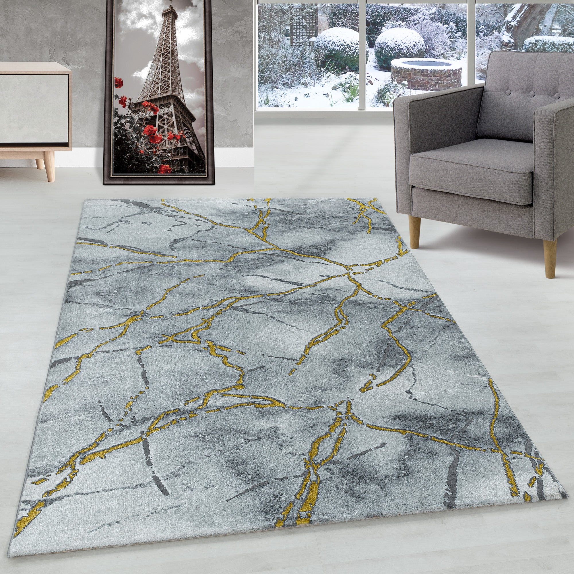 Tapis salon tapis design scandinave aspect marbre avec fibres brillantes