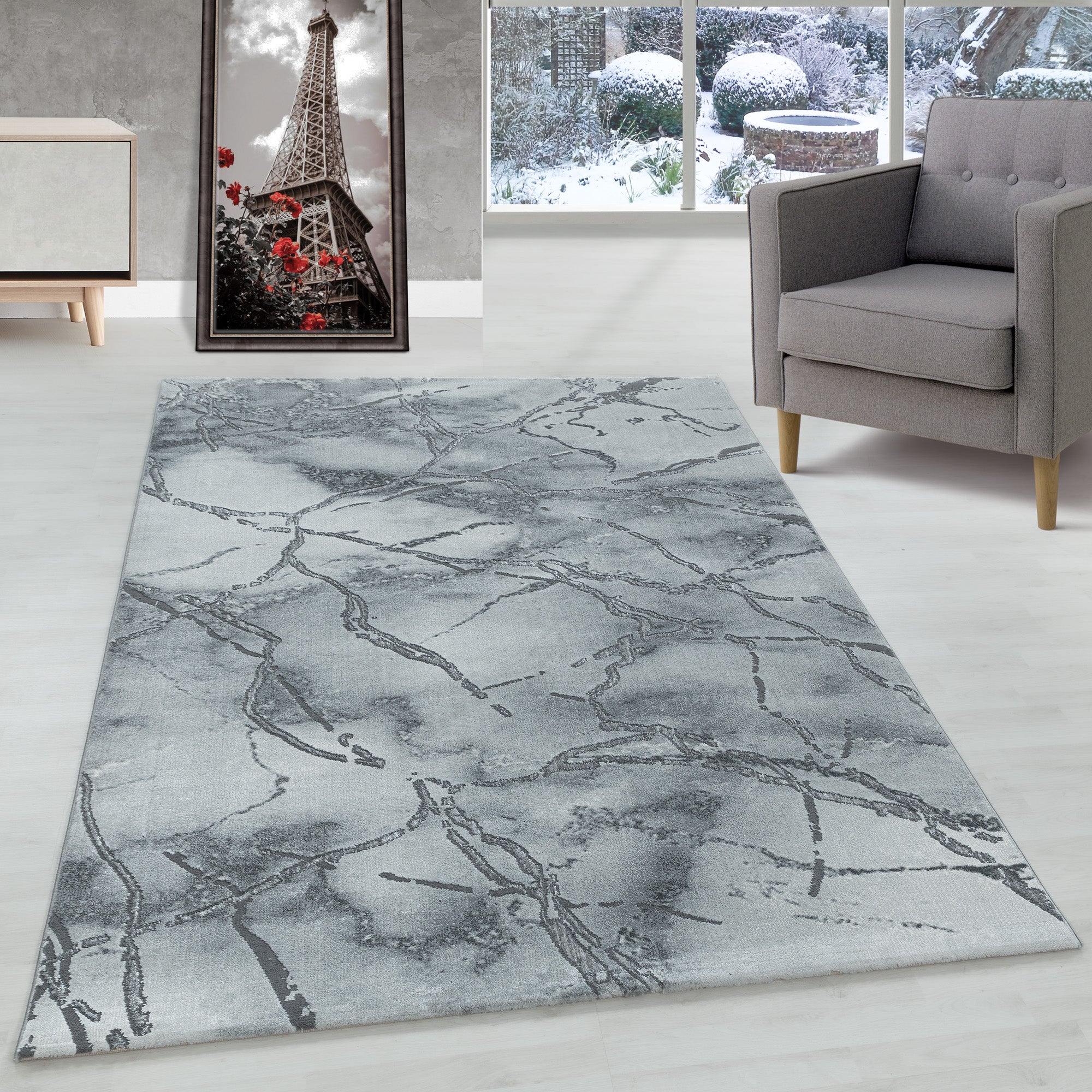 Tapis salon tapis design scandinave aspect marbre avec fibres brillantes
