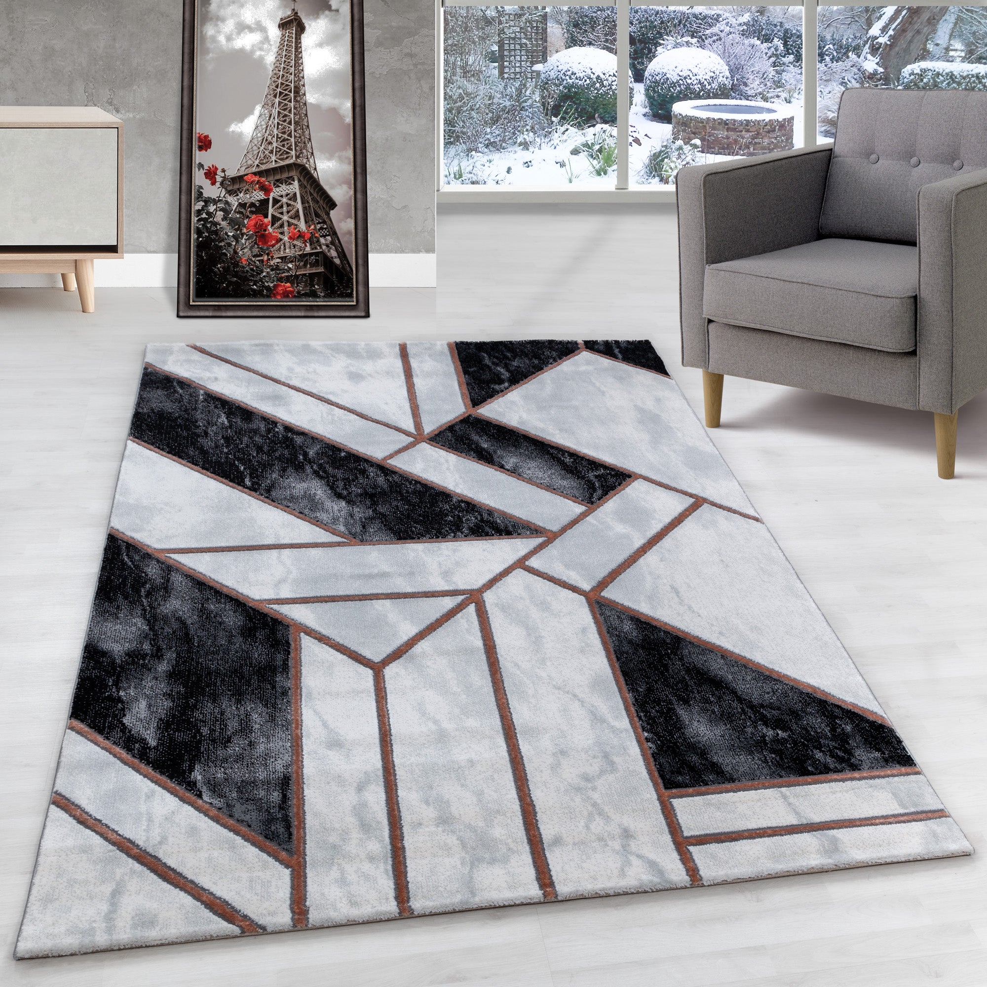 Tapis salon tapis design scandinave aspect marbre avec fibres brillantes