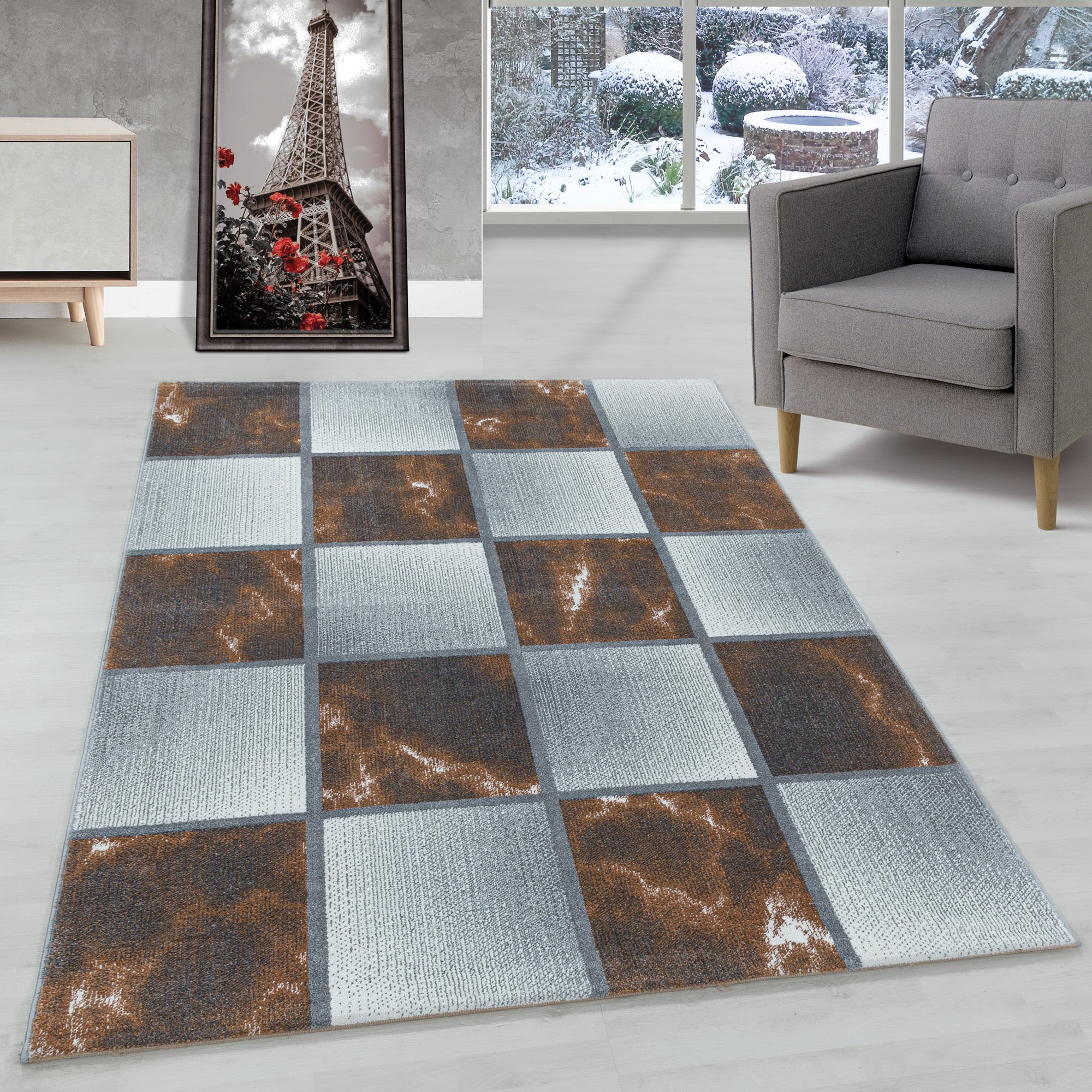 Tapis de salon design moderne, doux, à poils courts, design à carreaux, robuste