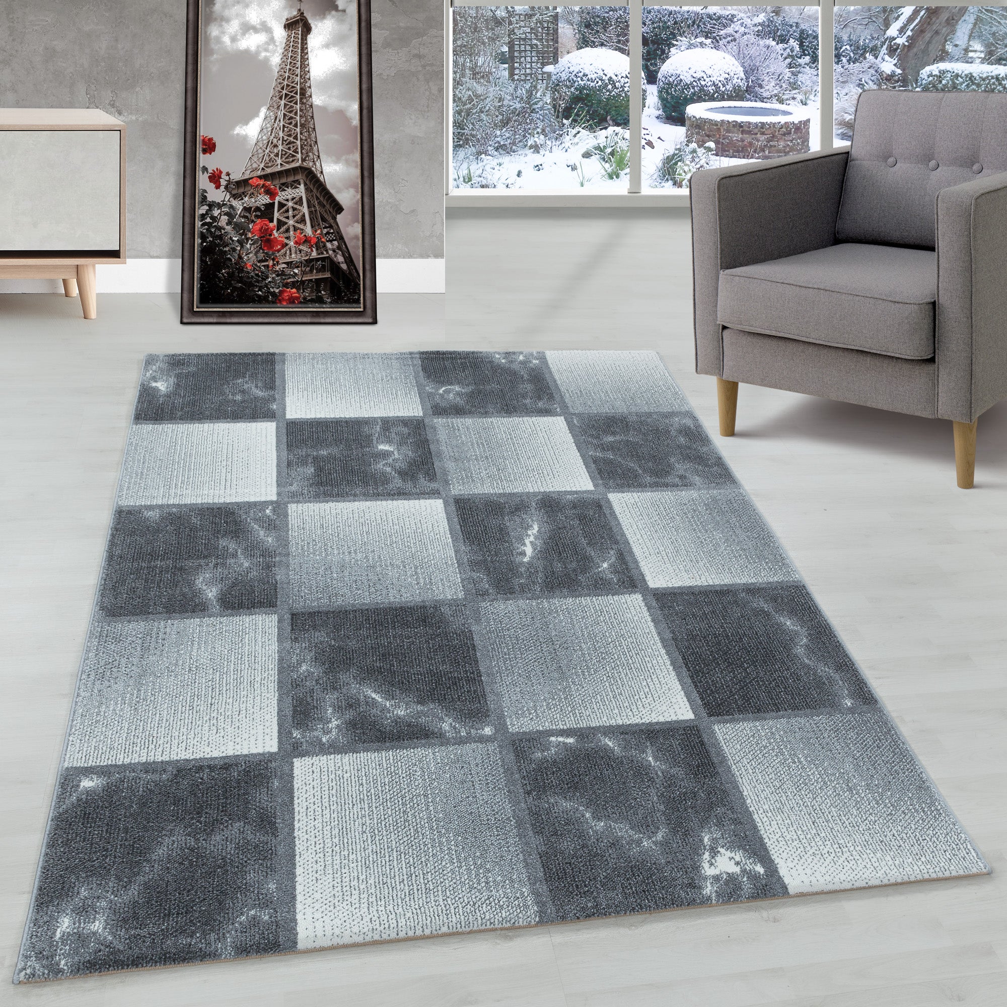 Tapis de salon design moderne, doux, à poils courts, design à carreaux, robuste