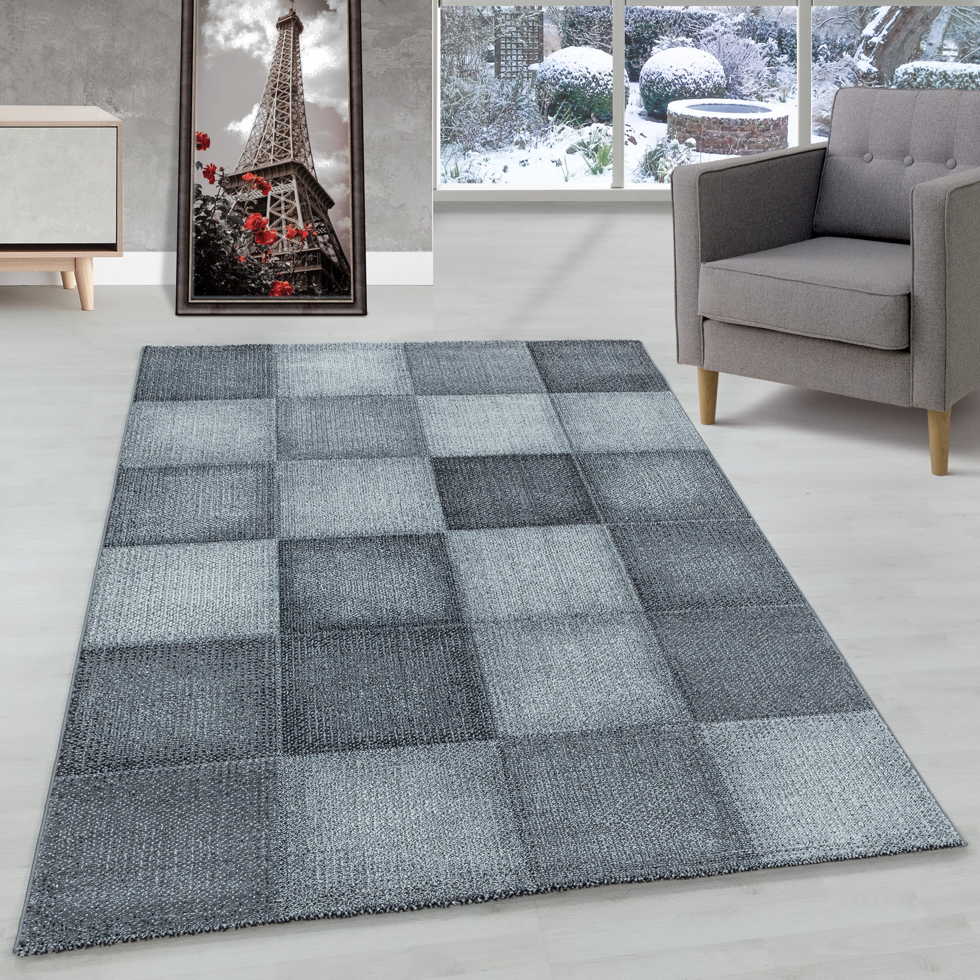 Tapis de salon design moderne, doux, à poils courts, design à carreaux, robuste