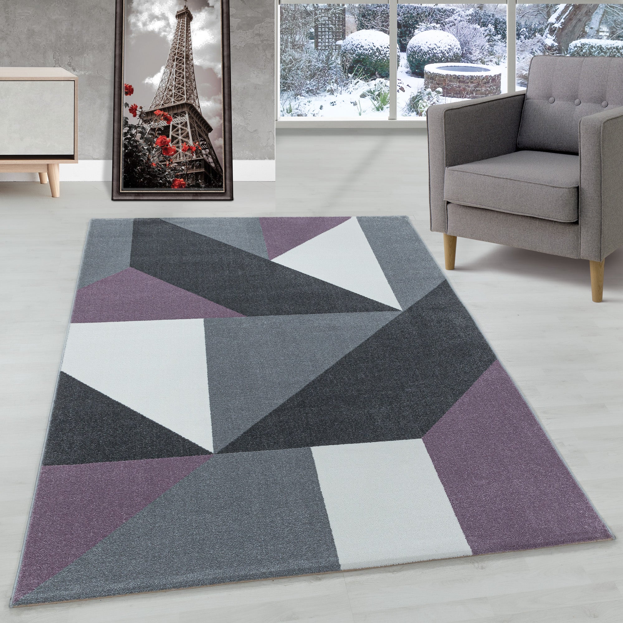 Tapis de salon design moderne, doux, à poils courts, design géométrique, robuste