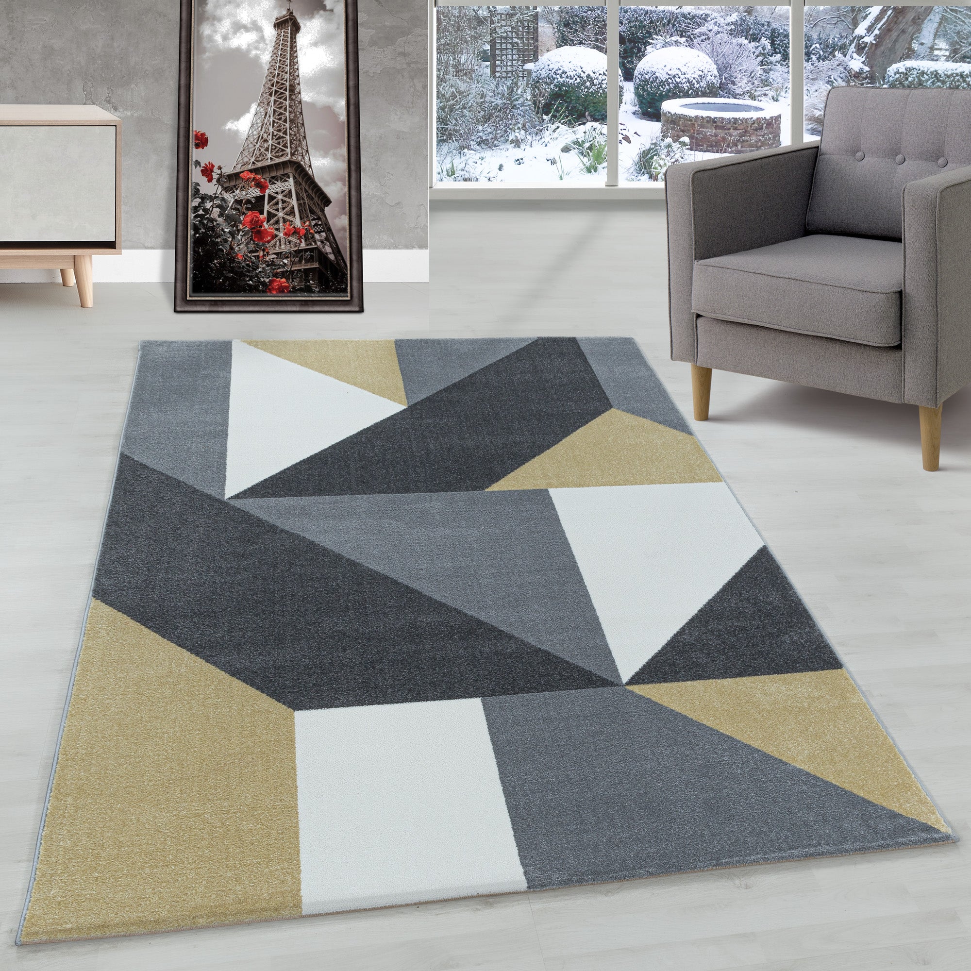 Tapis de salon design moderne, doux, à poils courts, design géométrique, robuste