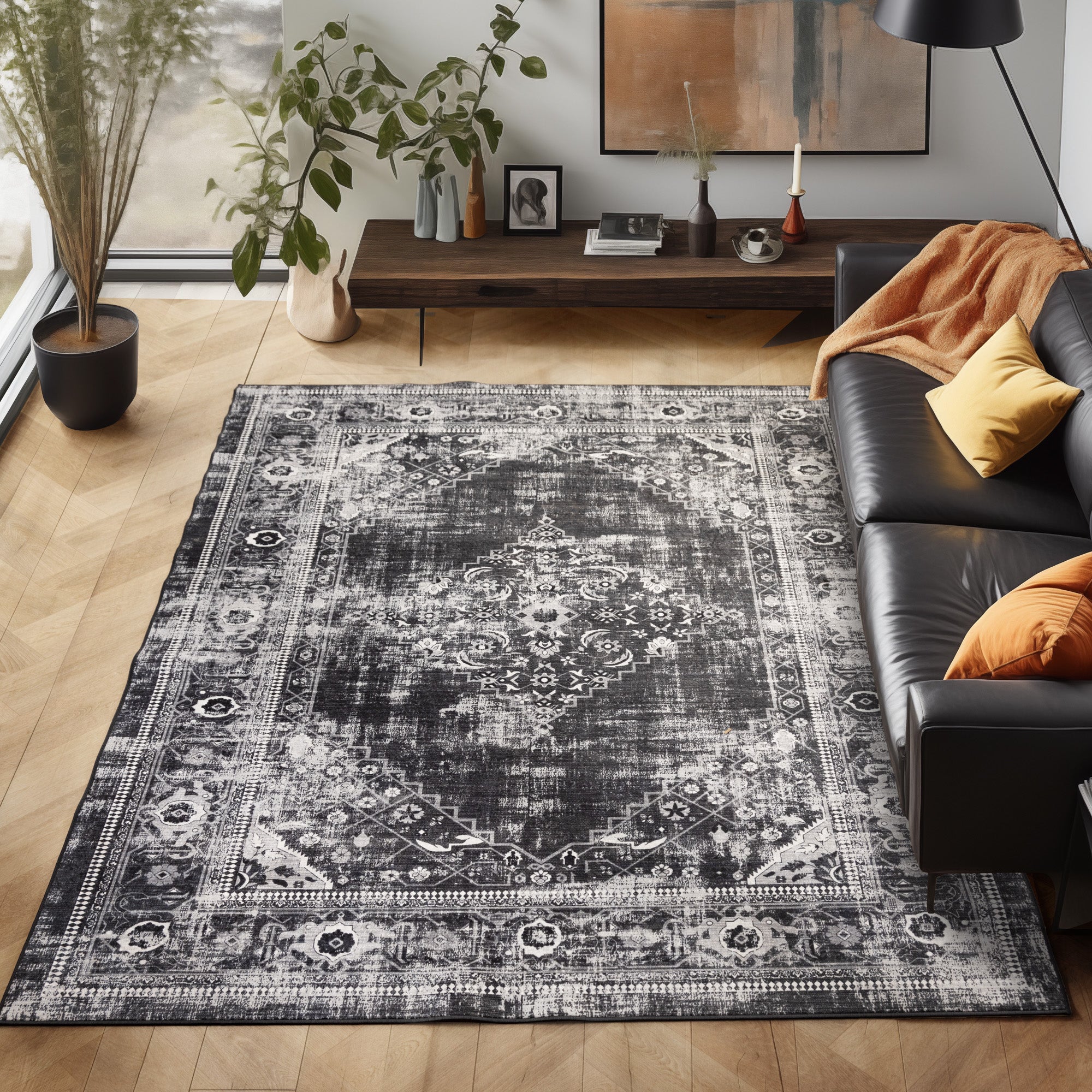 Washable carpet for living room, flat weave, robust, vintage look, non-slip