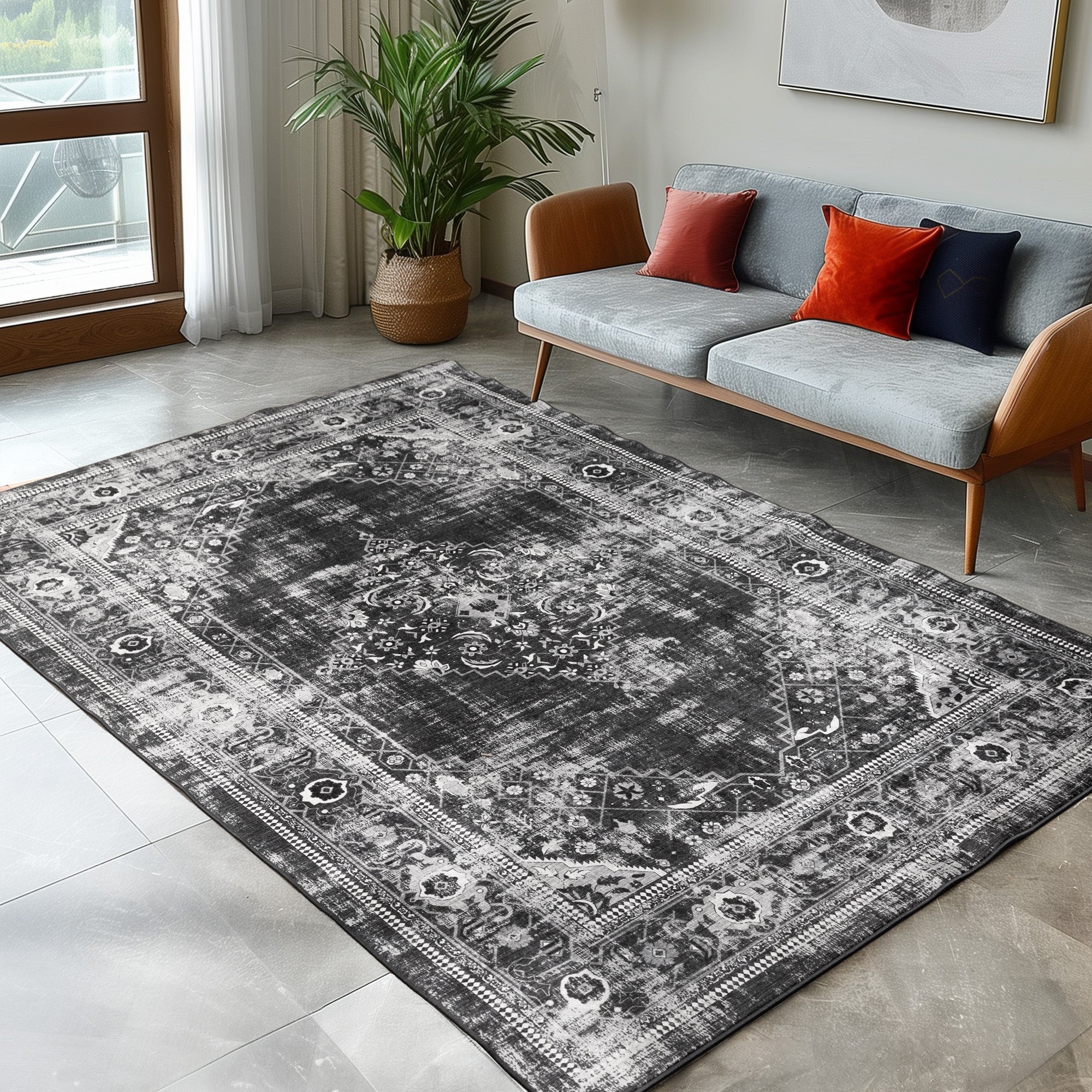Washable carpet for living room, flat weave, robust, vintage look, non-slip