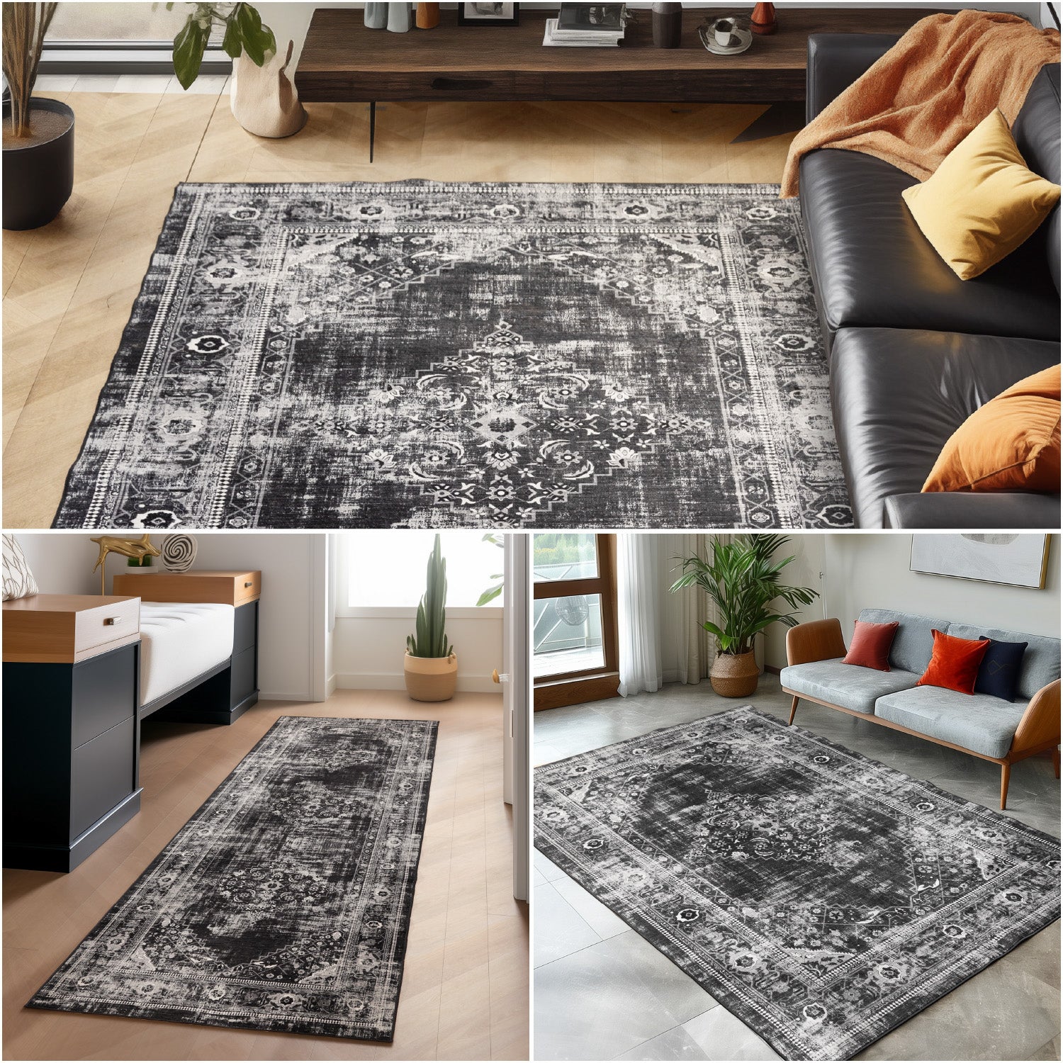 Washable carpet for living room, flat weave, robust, vintage look, non-slip