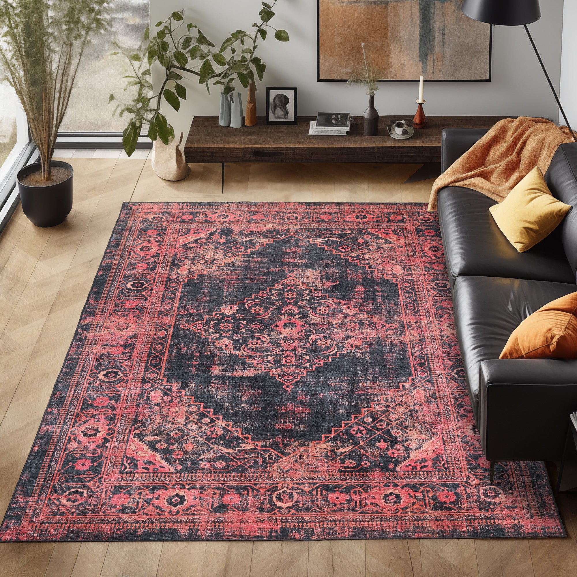 Washable carpet for living room, flat weave, robust, vintage look, non-slip