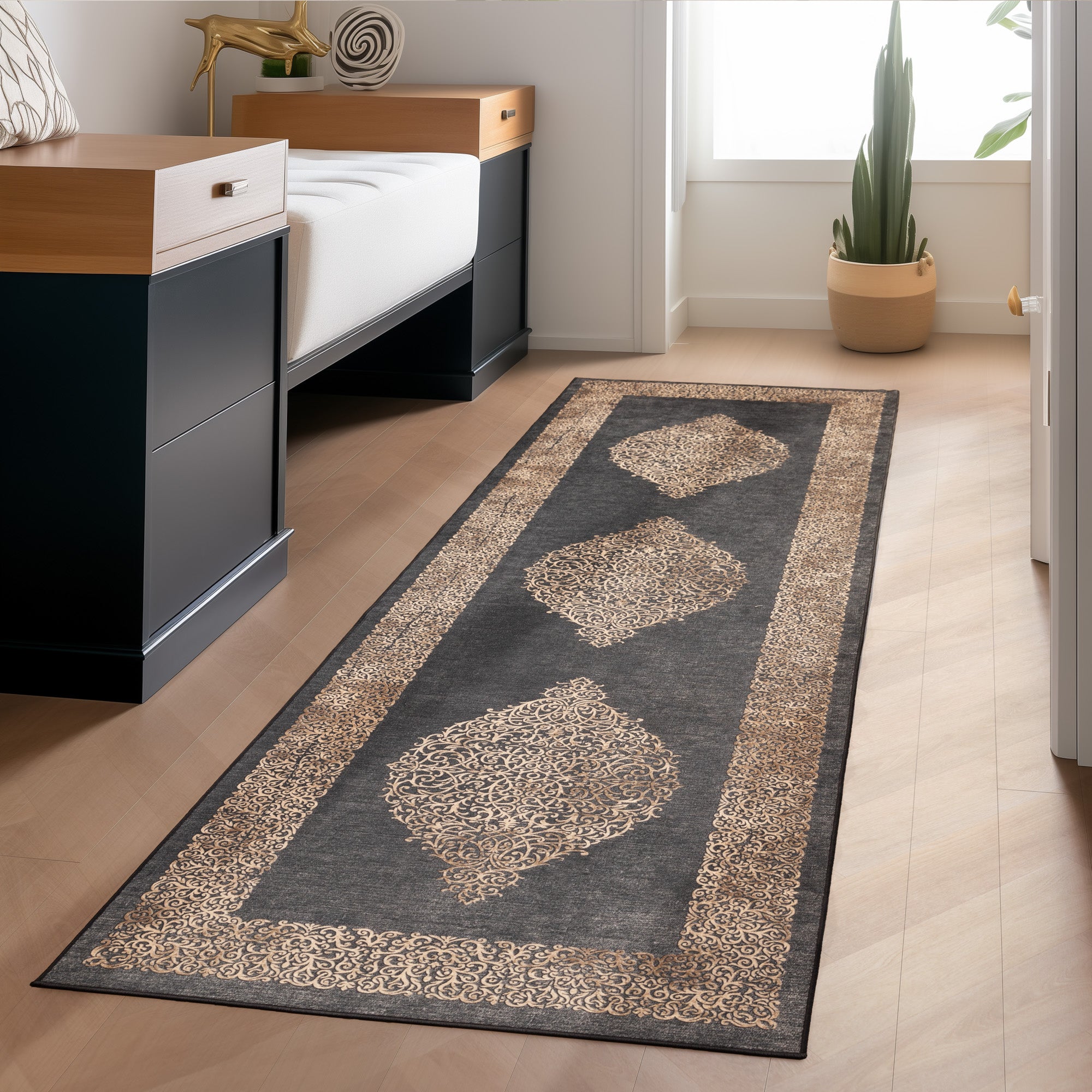 Tapis lavable salon tissage plat robuste design baroque antidérapant